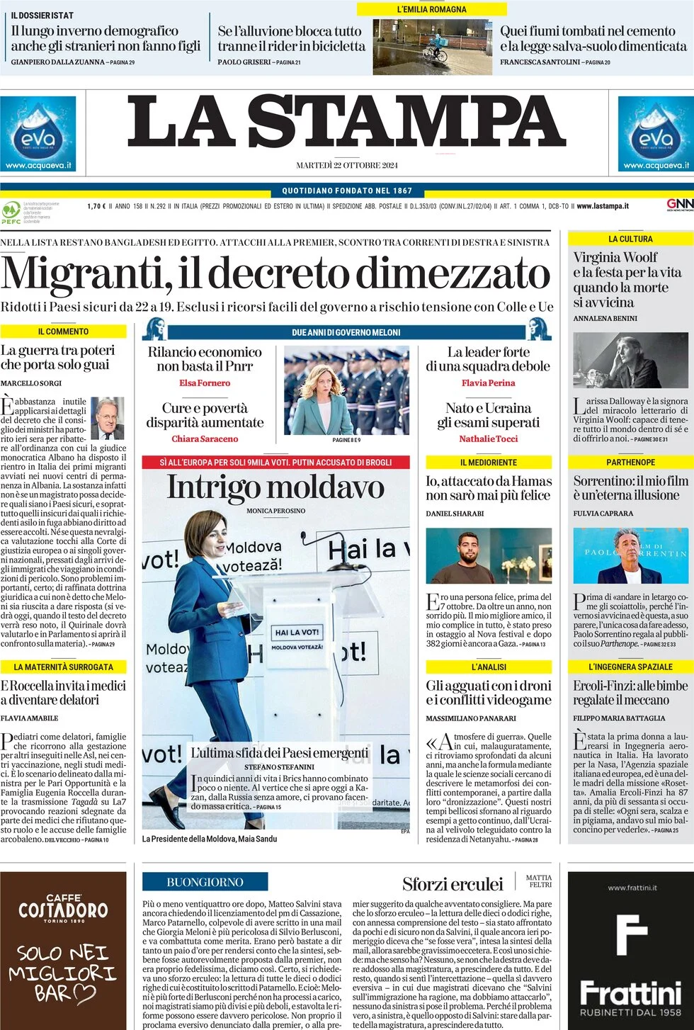 anteprima della prima pagina di la-stampa del 22/10/2024