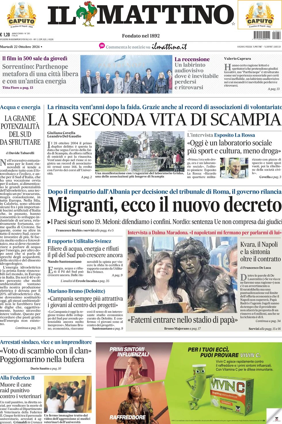 anteprima della prima pagina di il-mattino del 22/10/2024