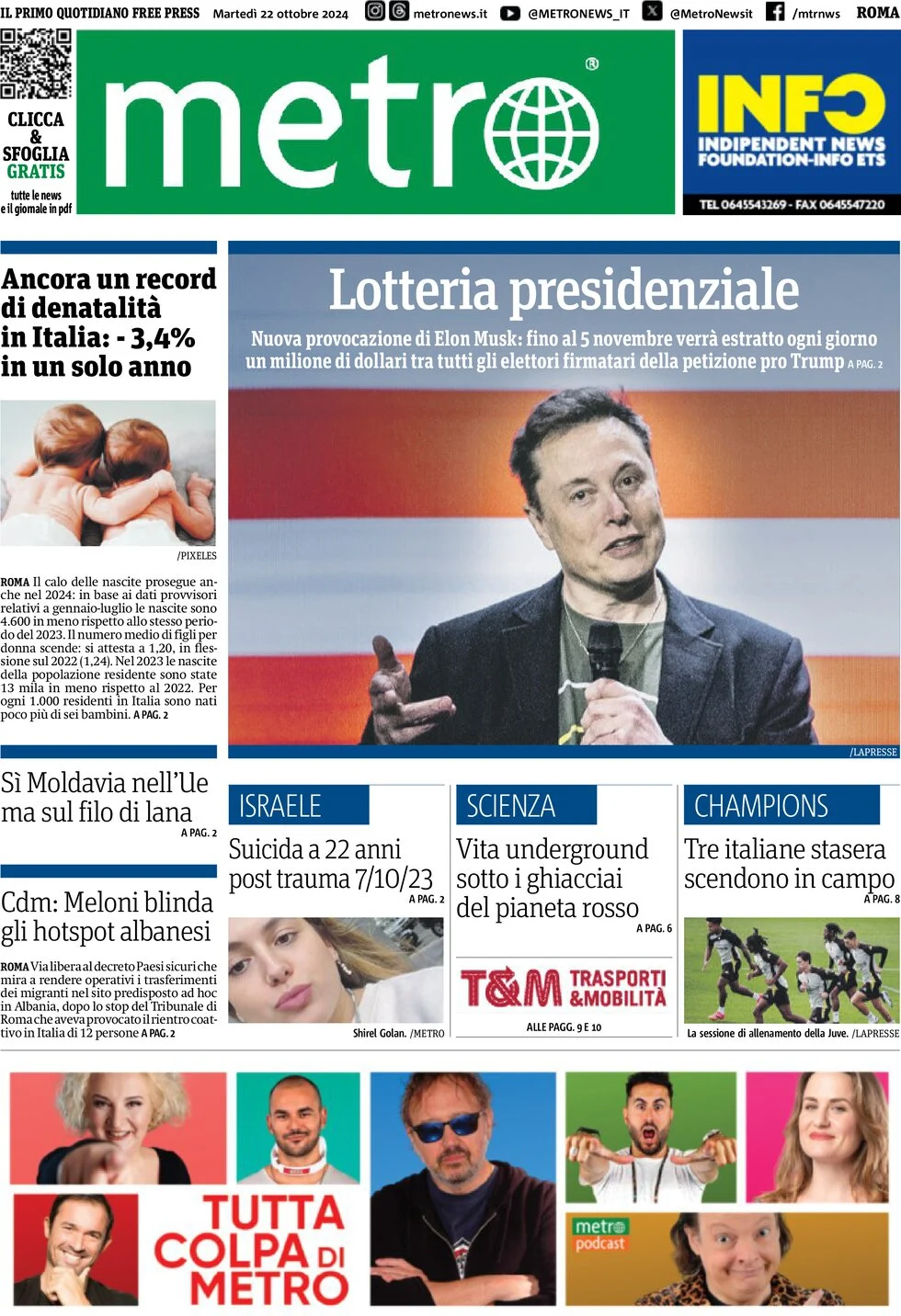 anteprima della prima pagina di Metro (Roma)