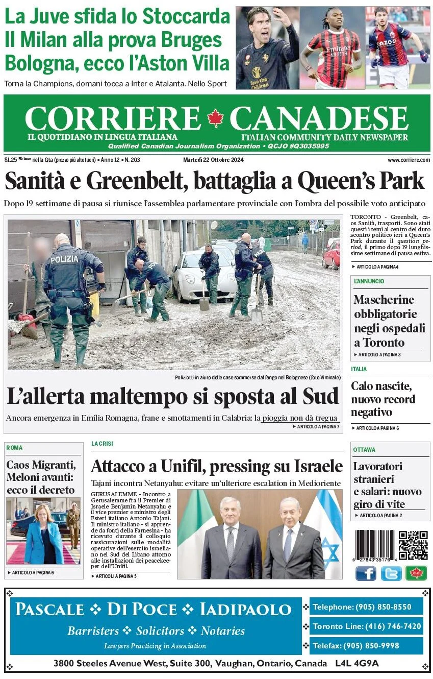 anteprima della prima pagina di Corriere Canadese