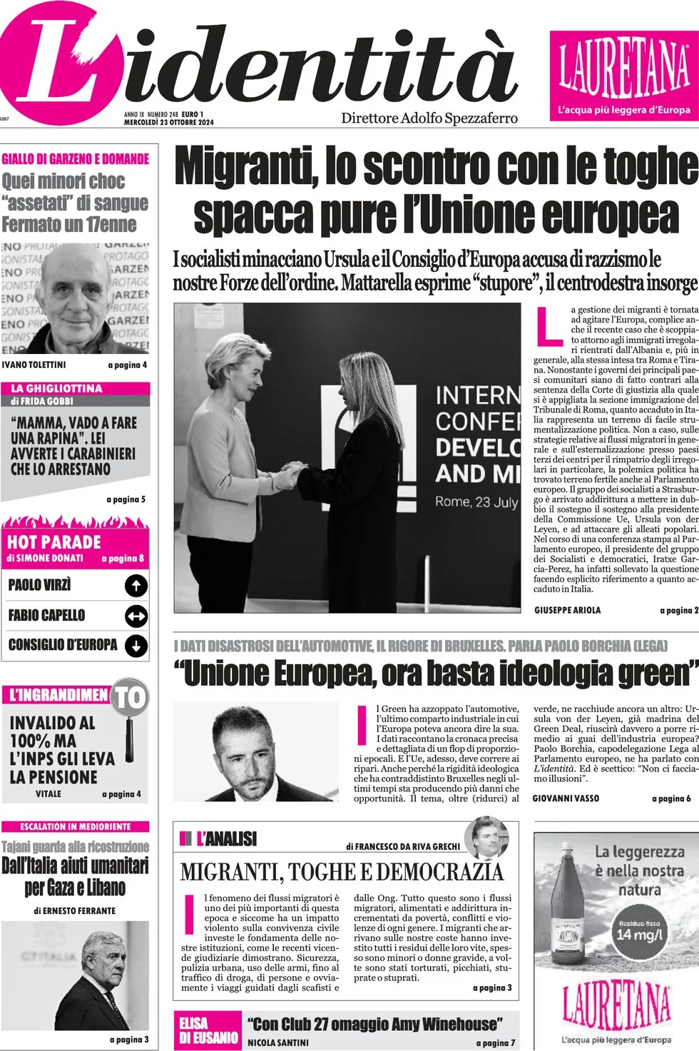 anteprima della prima pagina di lidentit del 23/10/2024