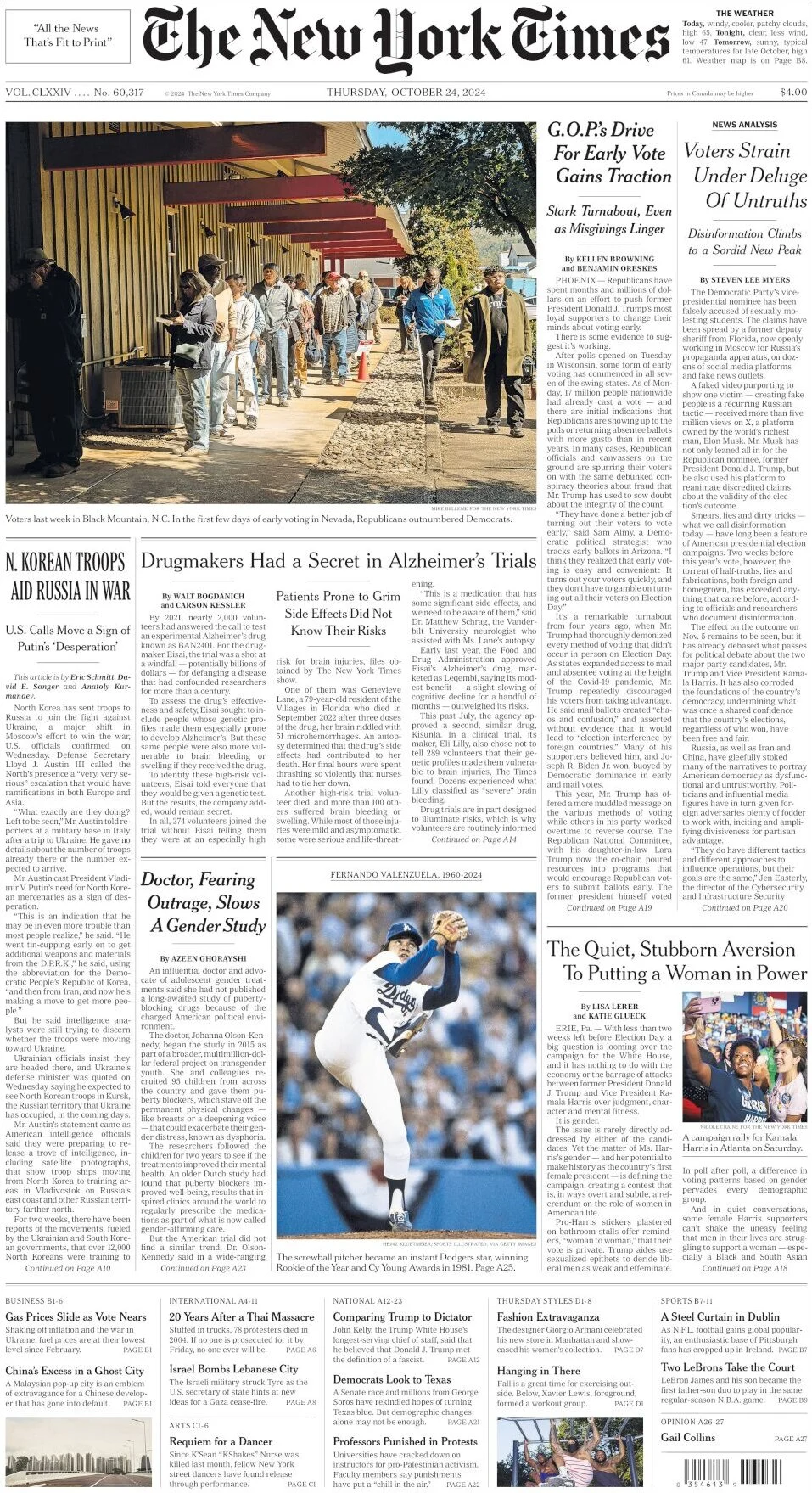 anteprima della prima pagina di the-new-york-times del 24/10/2024
