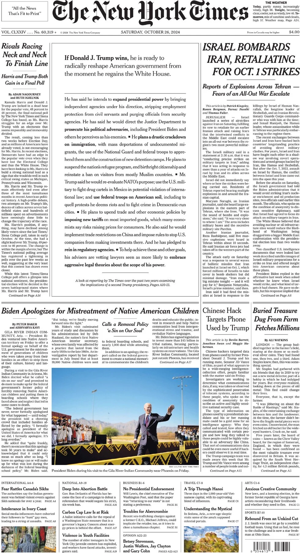 anteprima della prima pagina di the-new-york-times del 26/10/2024