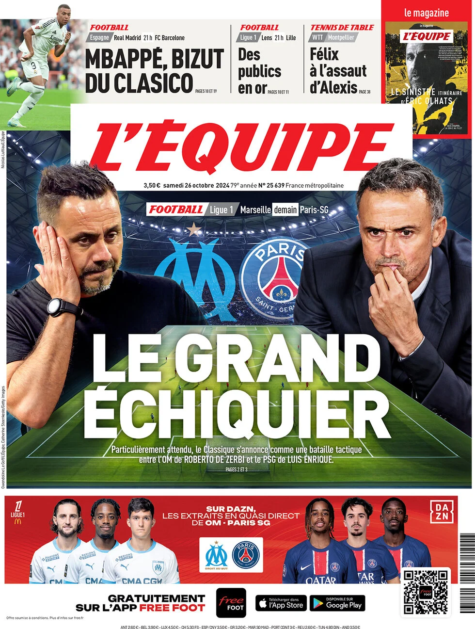 anteprima della prima pagina di lequipe del 26/10/2024