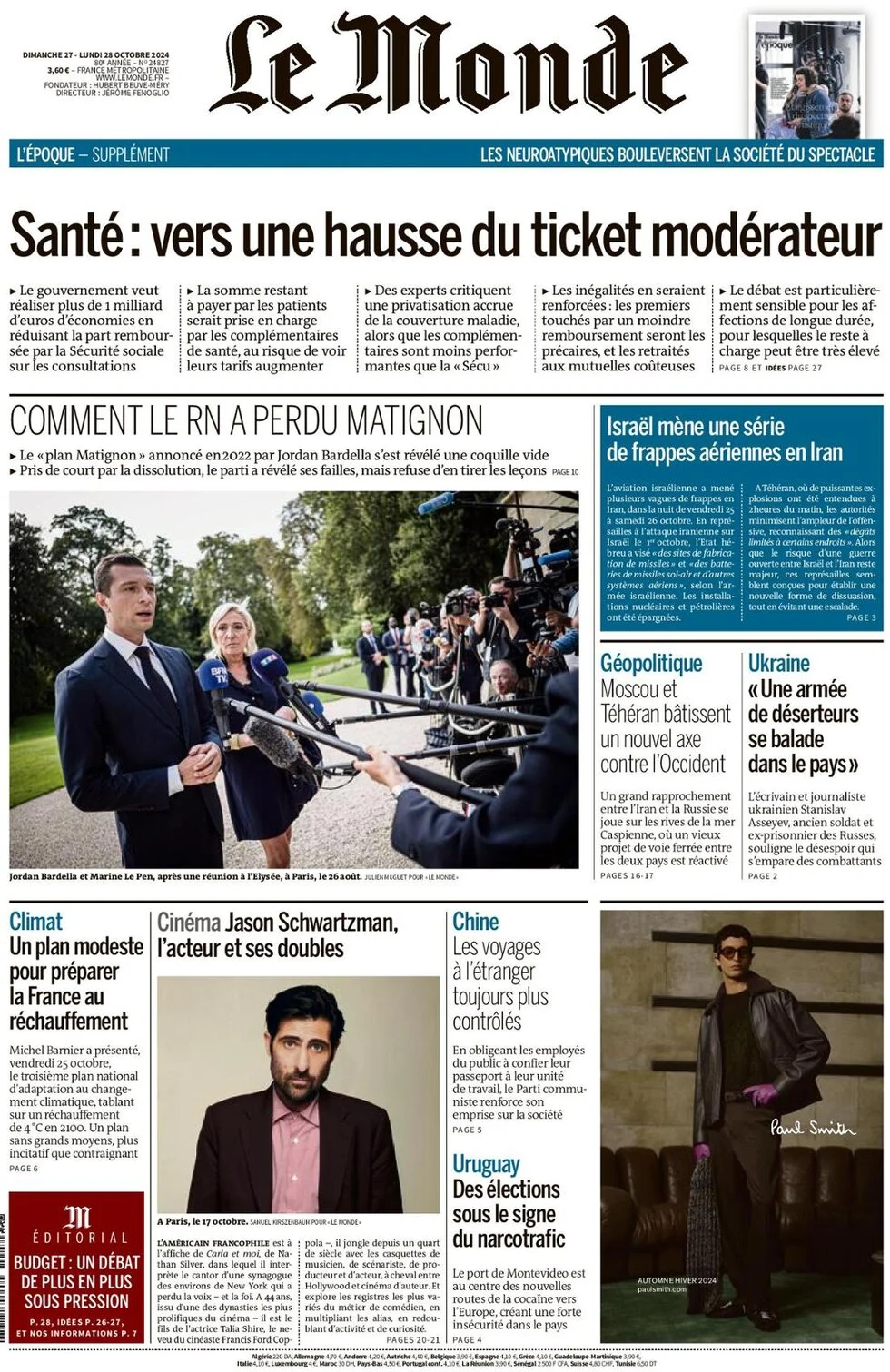 anteprima della prima pagina di le-monde del 27/10/2024