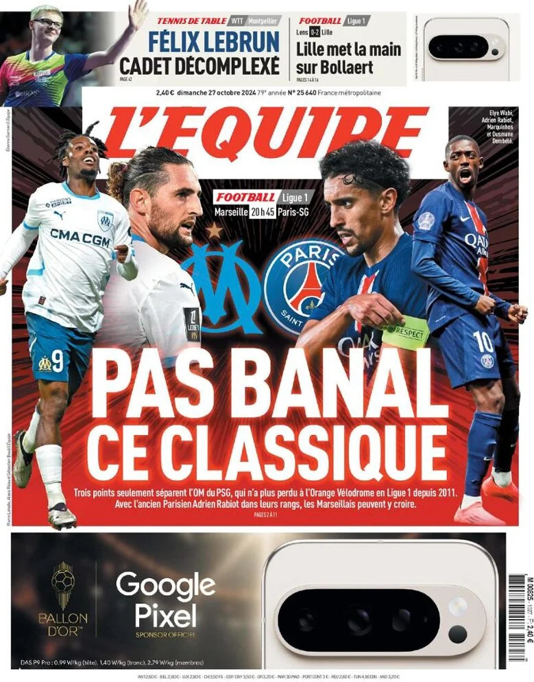 anteprima della prima pagina di lequipe del 27/10/2024