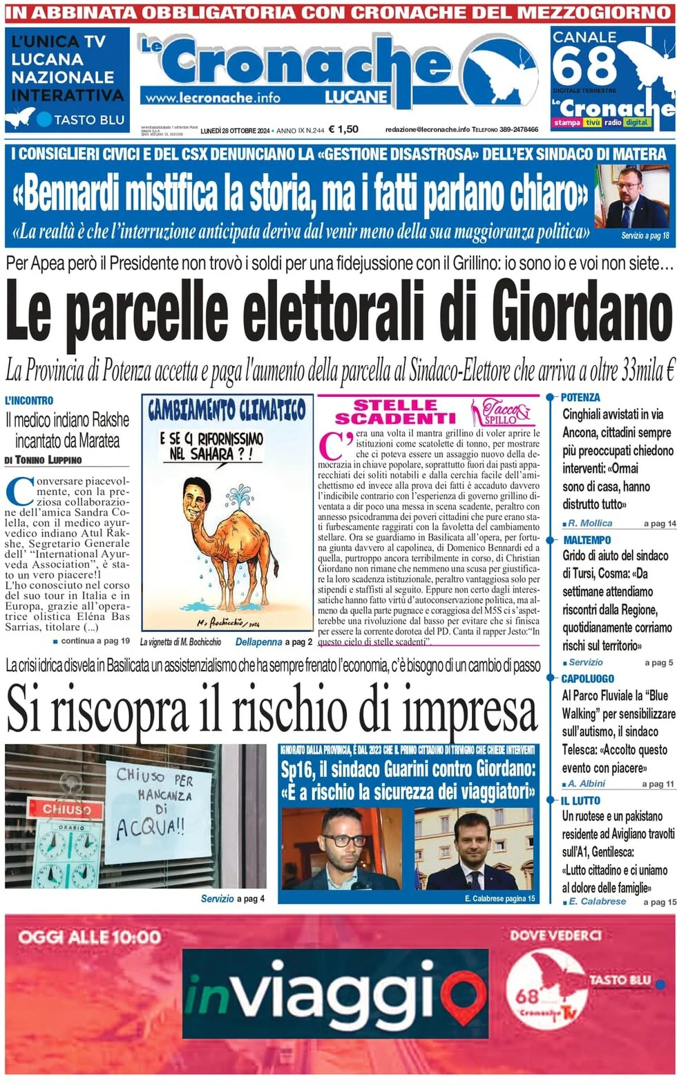 anteprima della prima pagina di le-cronache-lucane del 28/10/2024