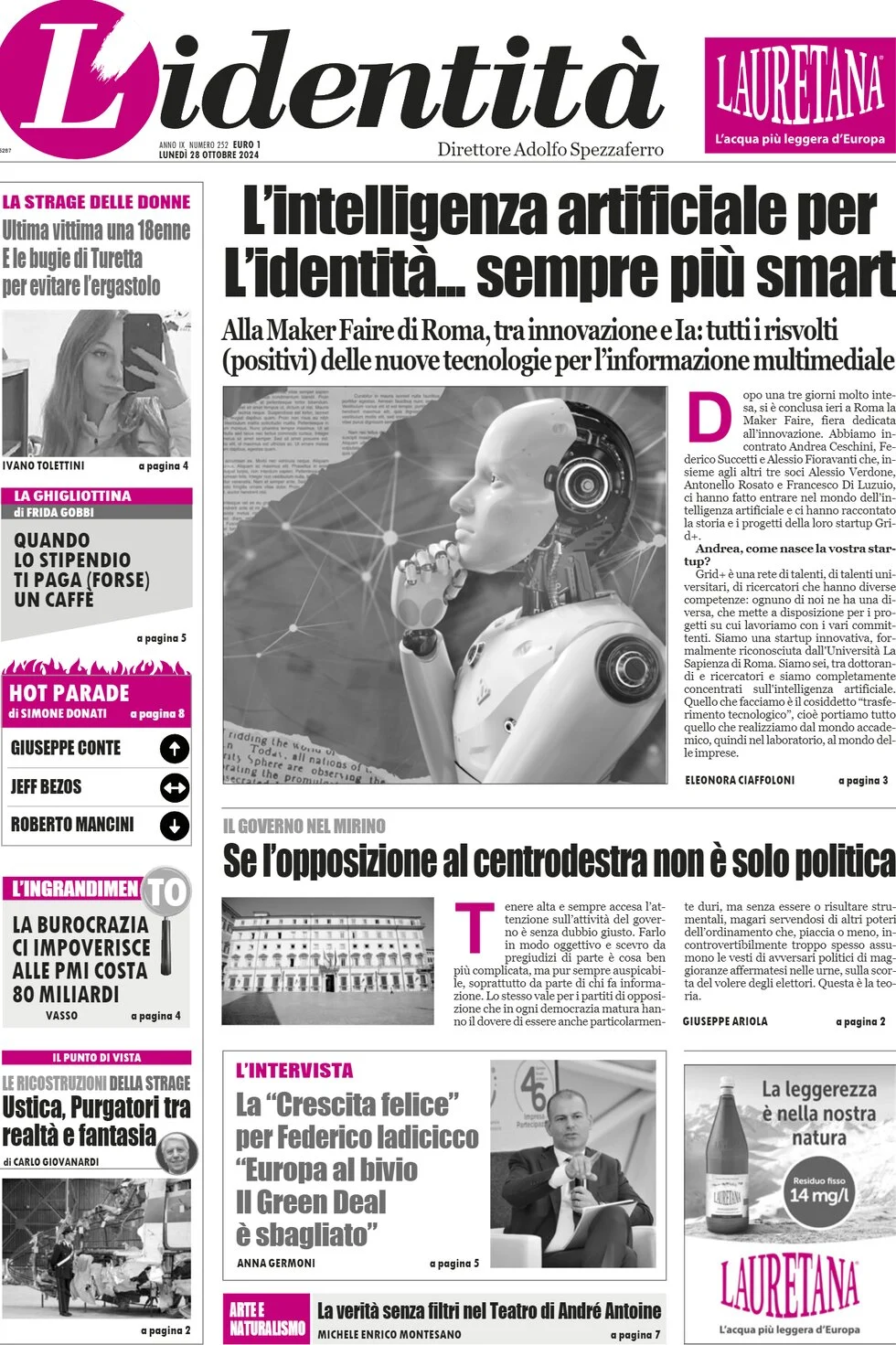 anteprima della prima pagina di lidentit del 28/10/2024