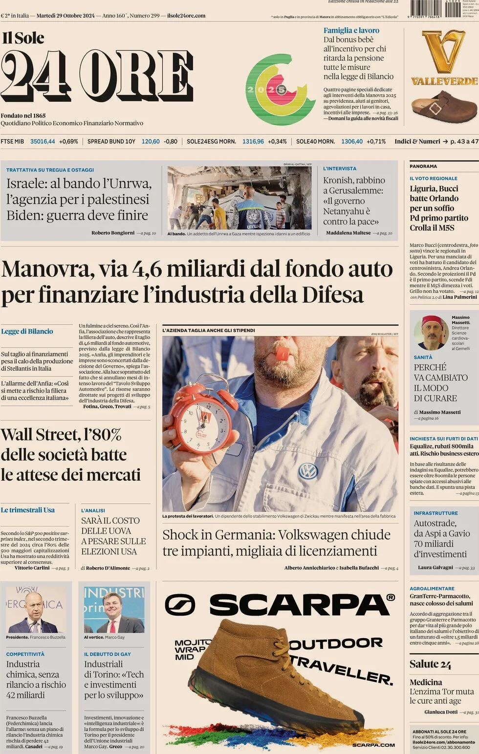 anteprima della prima pagina di Il Sole 24 Ore