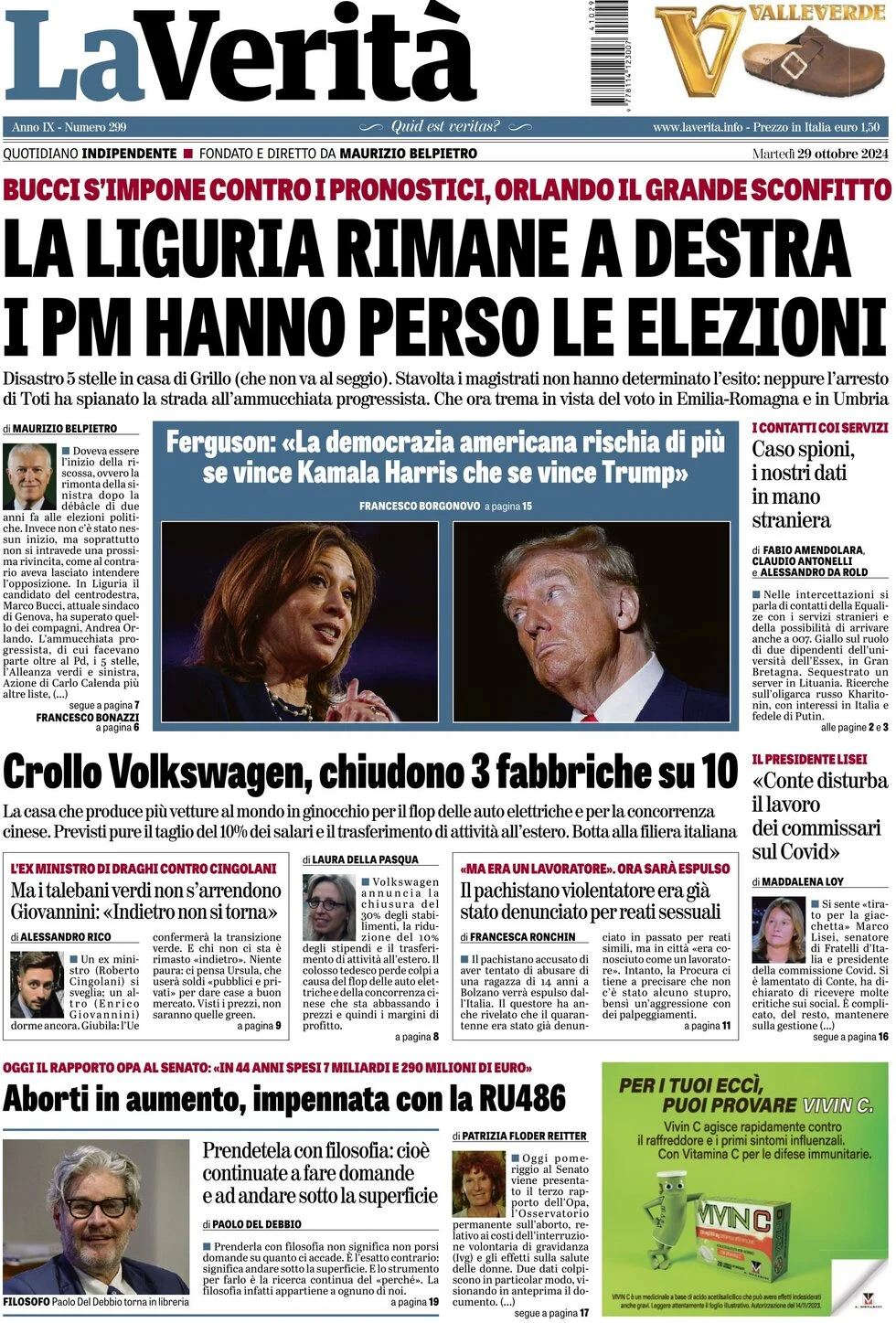 anteprima della prima pagina di La Verità