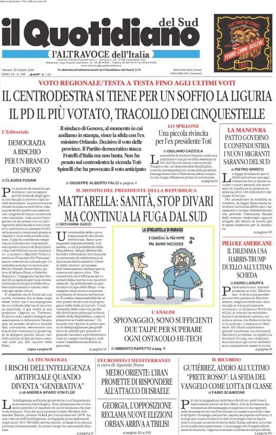 anteprima della prima pagina di Il Quotidiano del Sud L'Altravoce