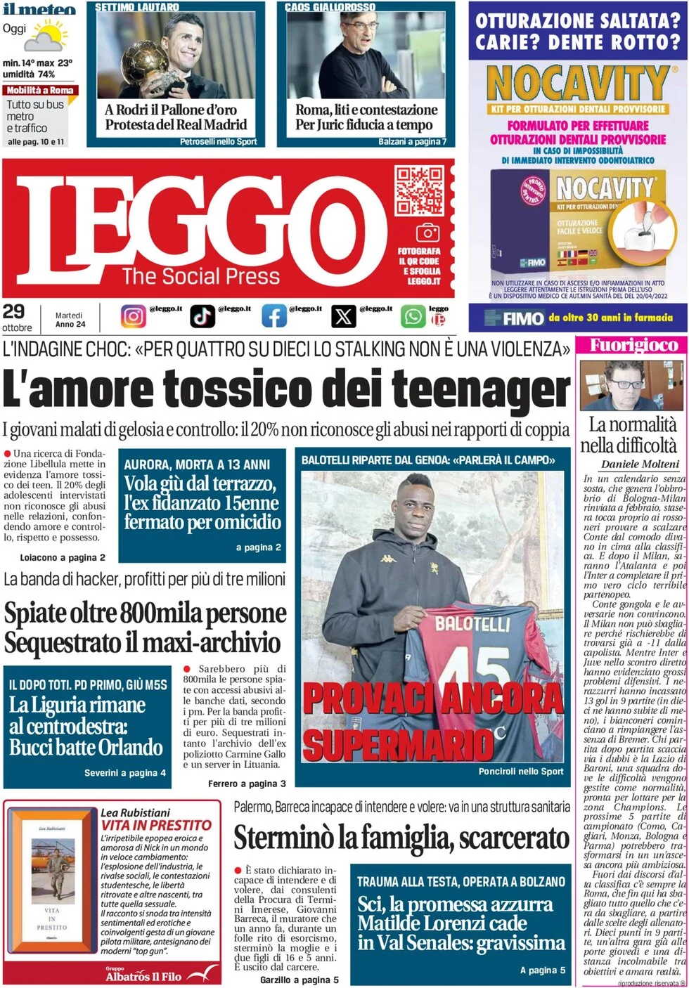 anteprima della prima pagina di Leggo (Roma)