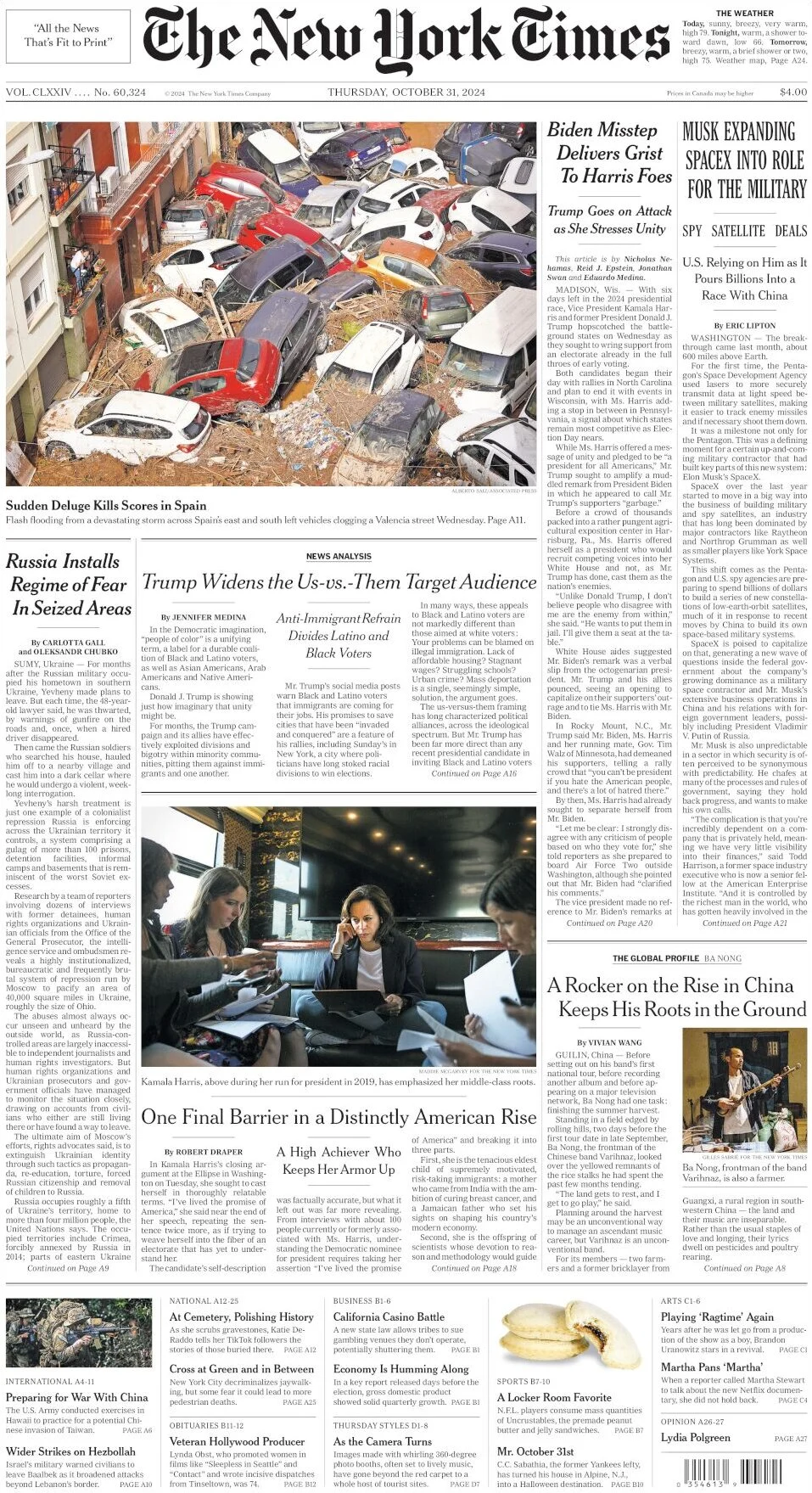 anteprima della prima pagina di the-new-york-times del 31/10/2024
