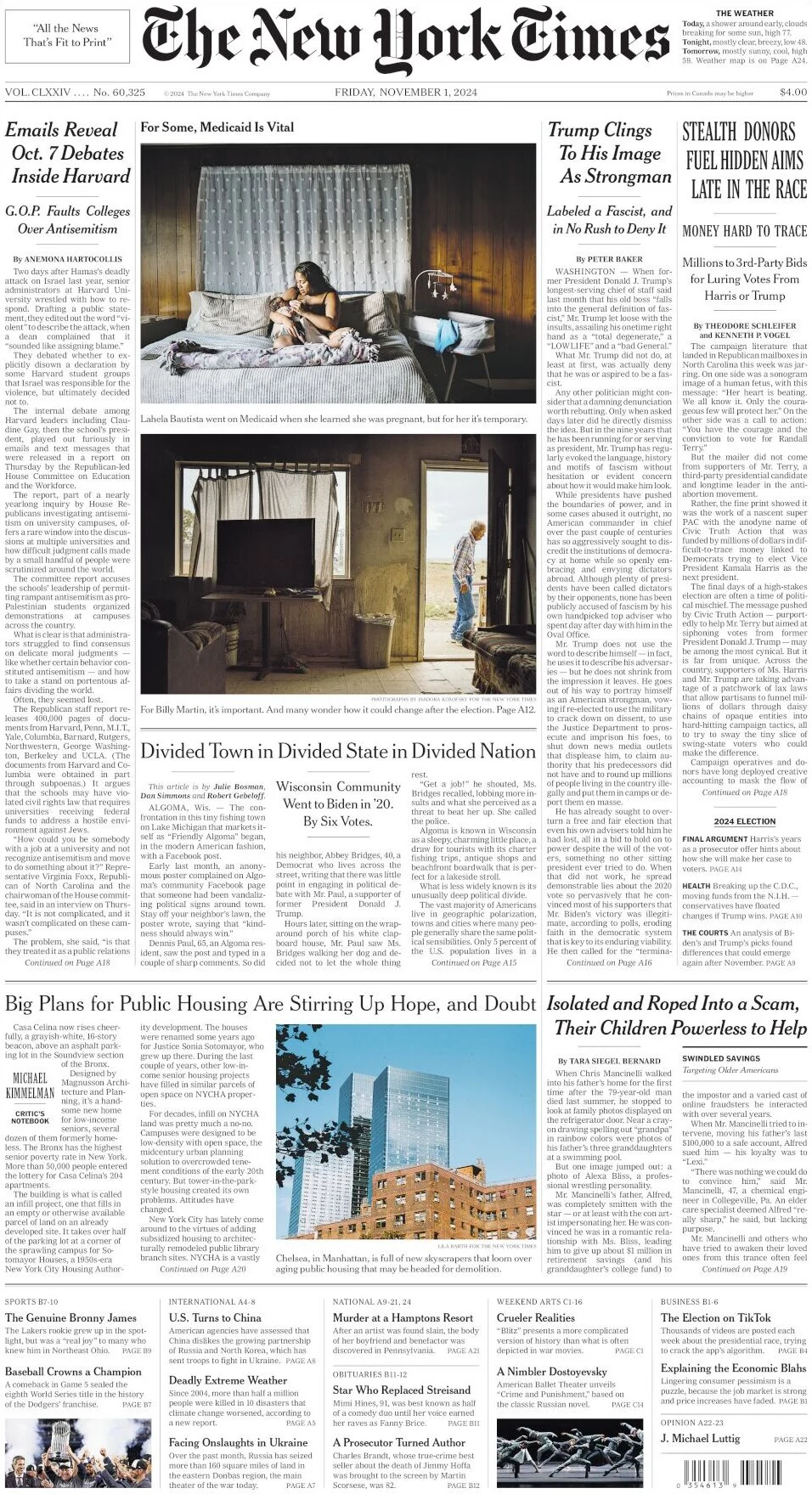 anteprima della prima pagina di the-new-york-times del 01/11/2024