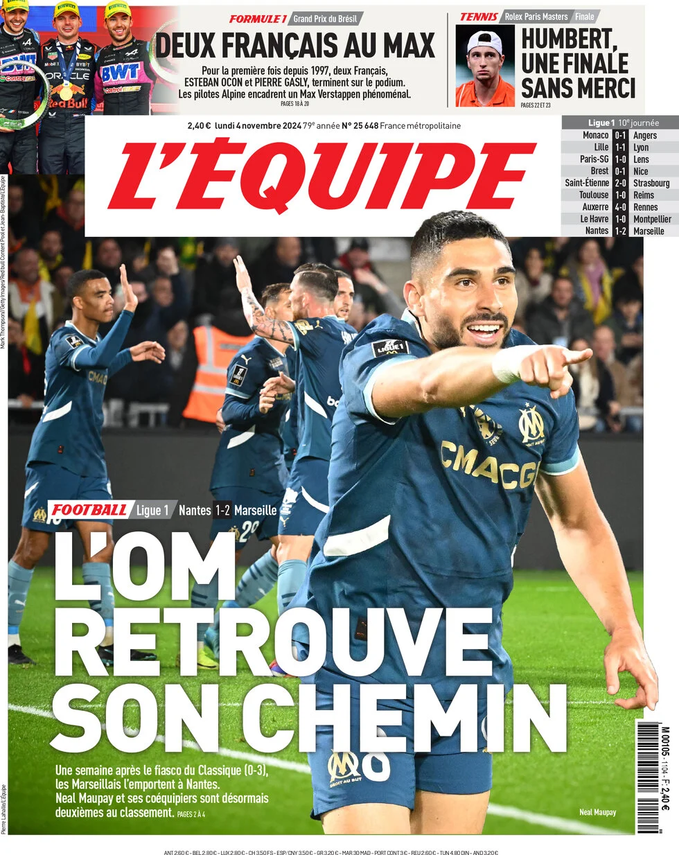 anteprima della prima pagina di lequipe del 04/11/2024