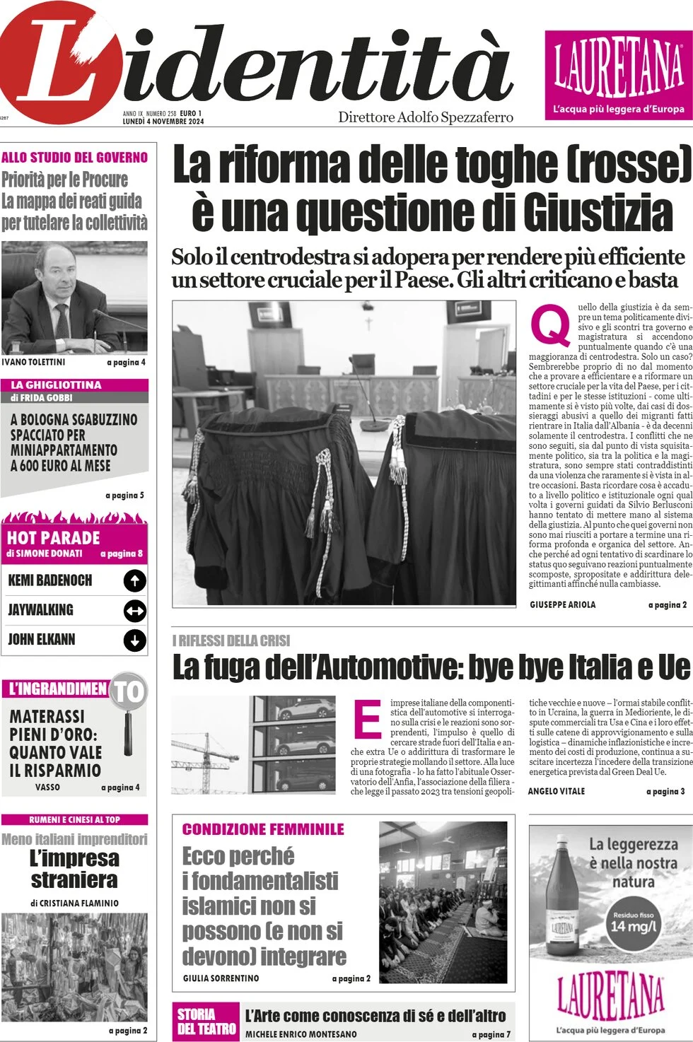 anteprima della prima pagina di lidentit del 04/11/2024