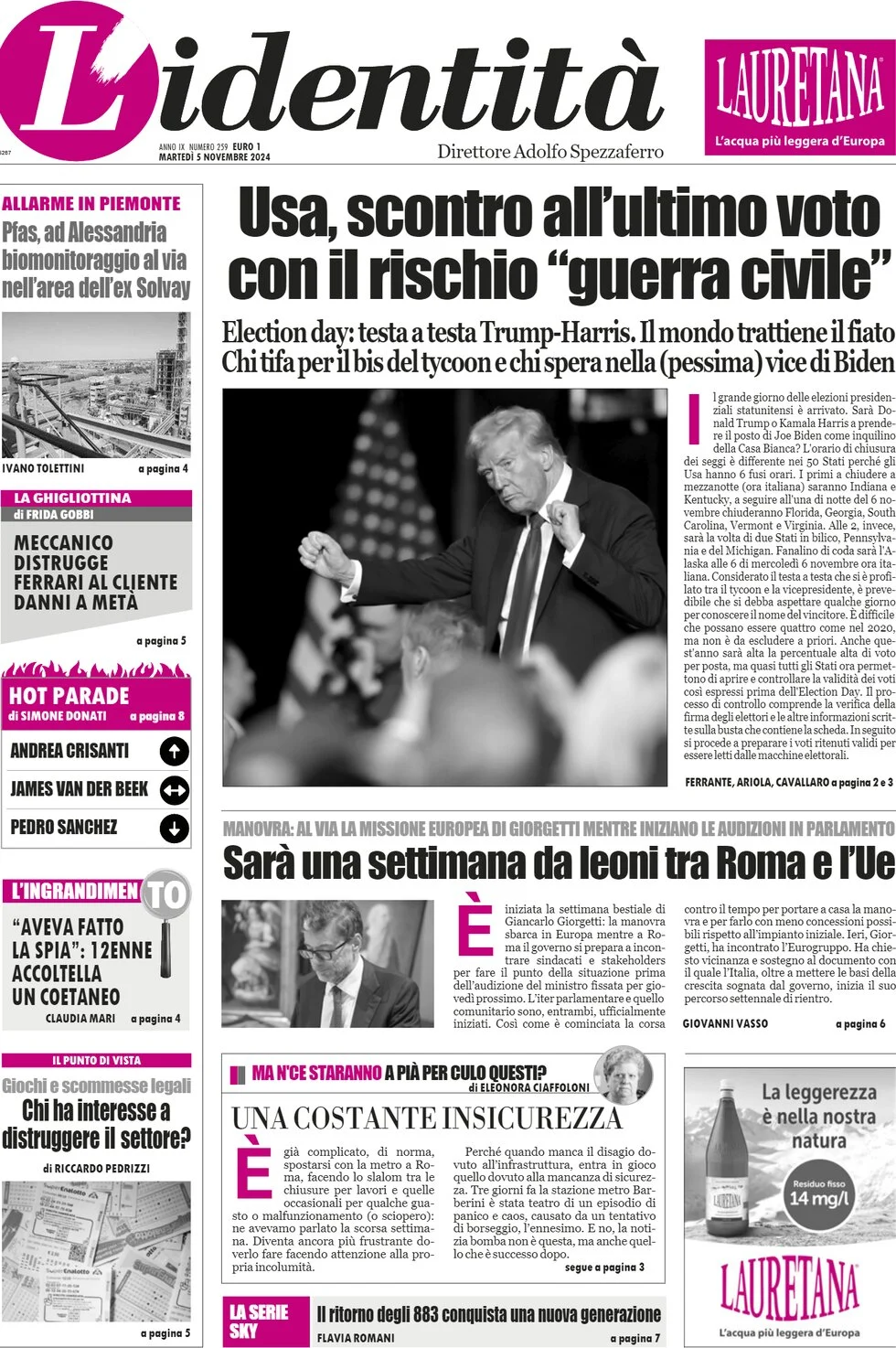 anteprima della prima pagina di lidentit del 05/11/2024