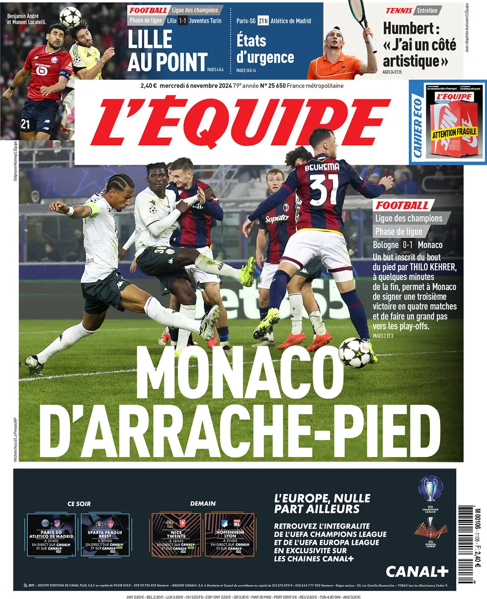 anteprima della prima pagina di lequipe del 06/11/2024