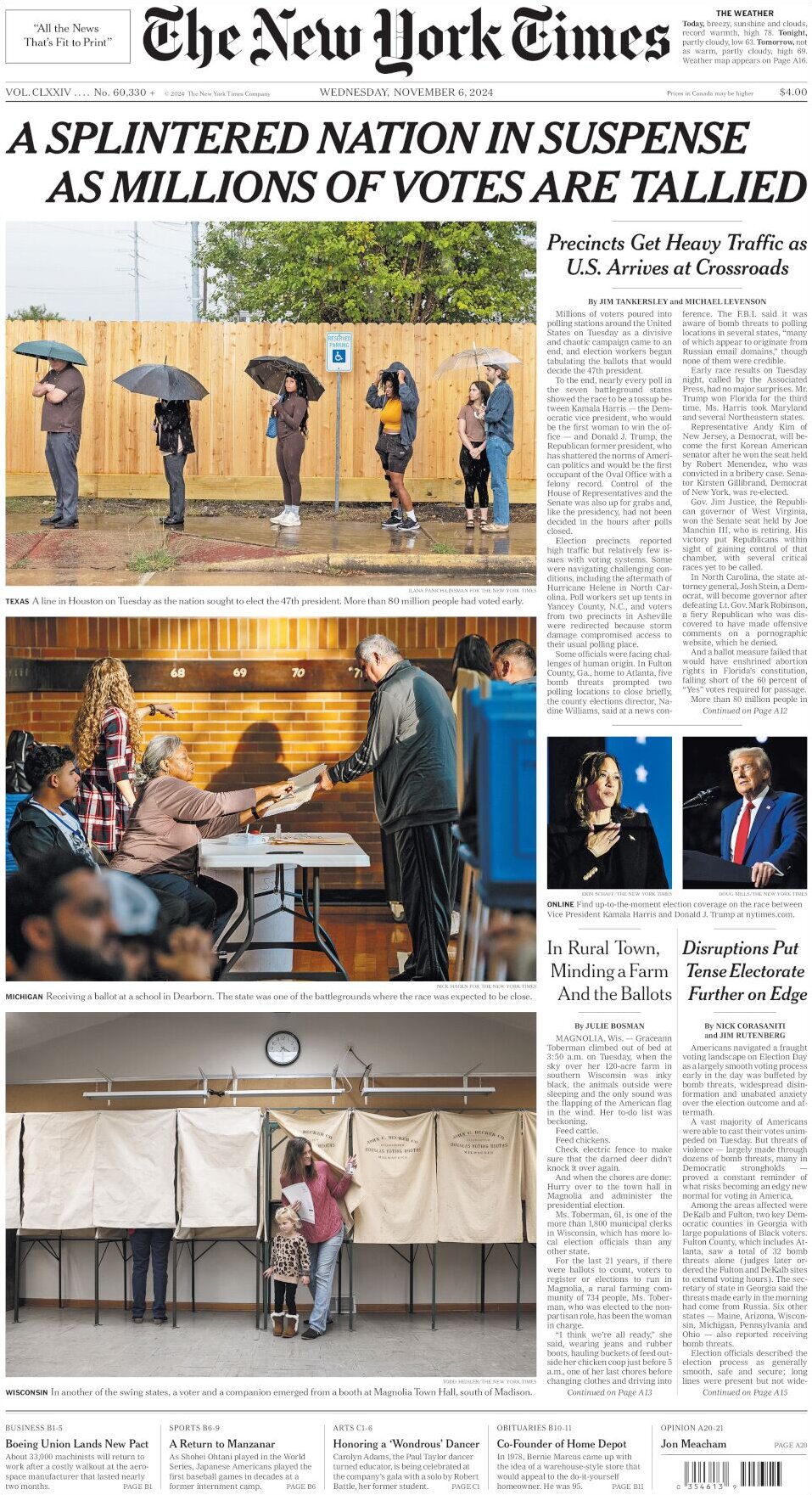 anteprima della prima pagina di the-new-york-times del 06/11/2024