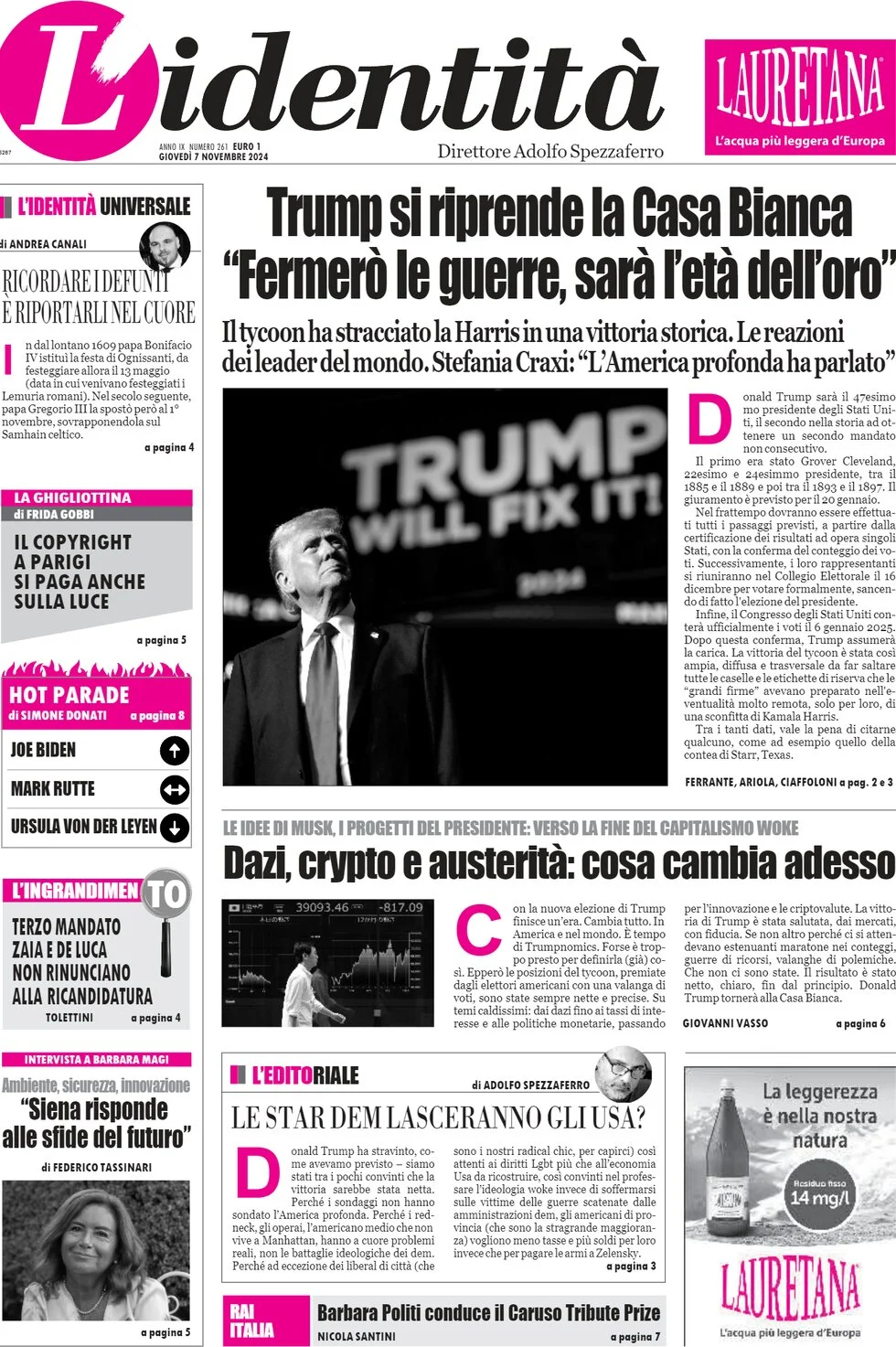anteprima della prima pagina di lidentit del 07/11/2024