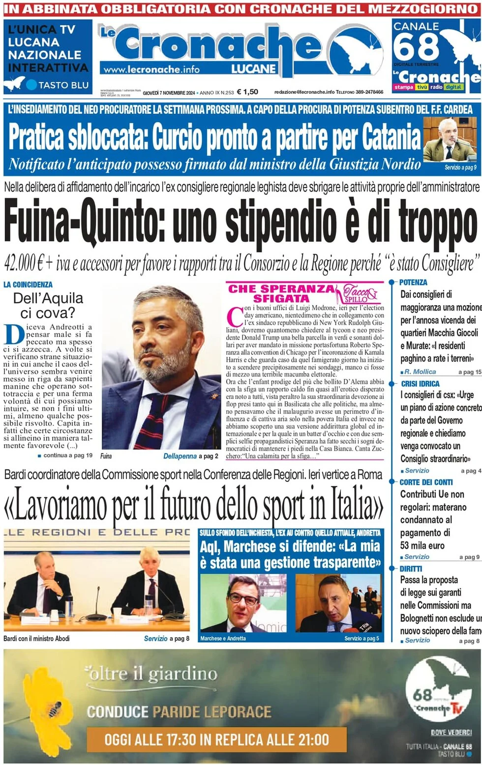 anteprima della prima pagina di le-cronache-lucane del 07/11/2024