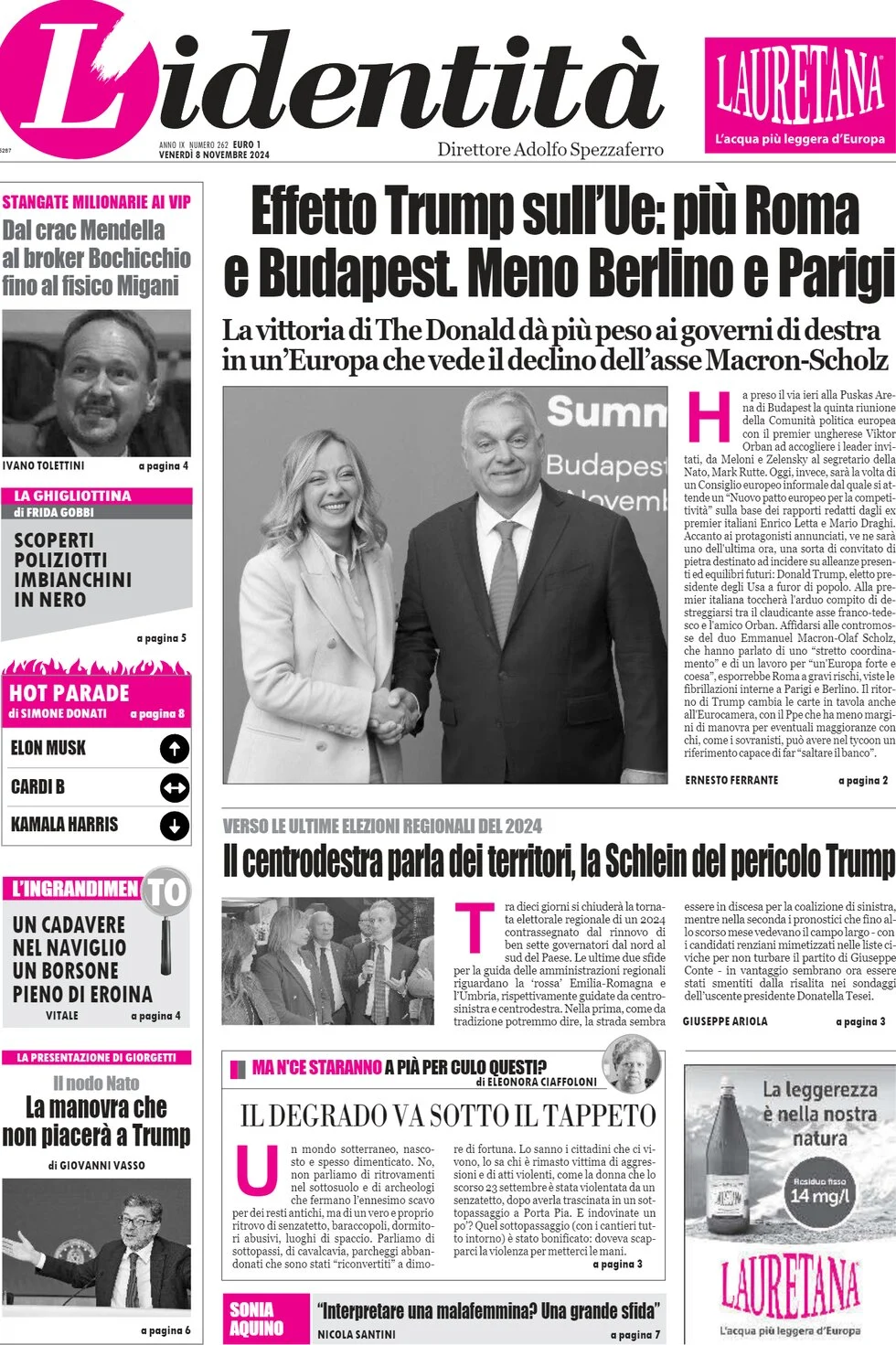 anteprima della prima pagina di lidentit del 08/11/2024