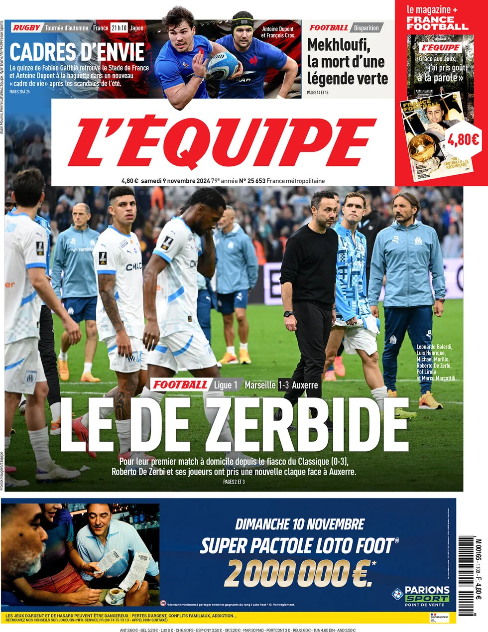 anteprima della prima pagina di lequipe del 09/11/2024