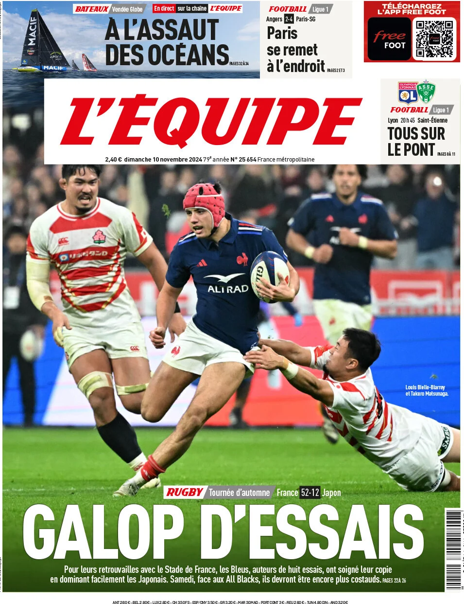anteprima della prima pagina di lequipe del 10/11/2024