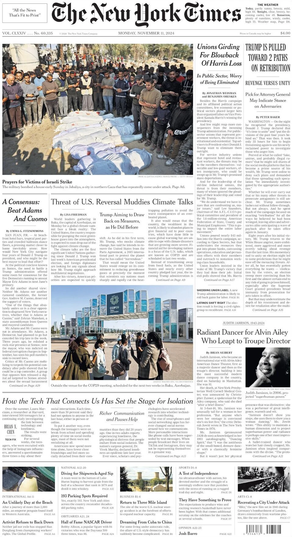 anteprima della prima pagina di the-new-york-times del 11/11/2024