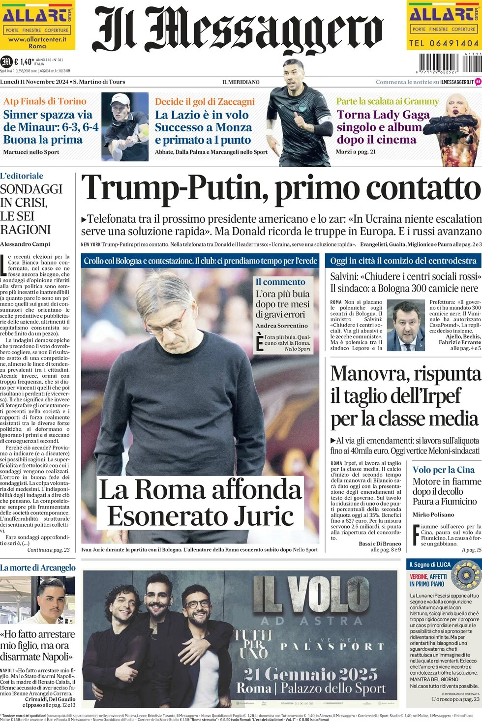 anteprima della prima pagina di il-messaggero del 11/11/2024