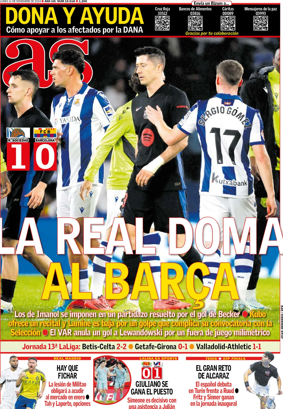 anteprima della prima pagina di as-madrid del 11/11/2024