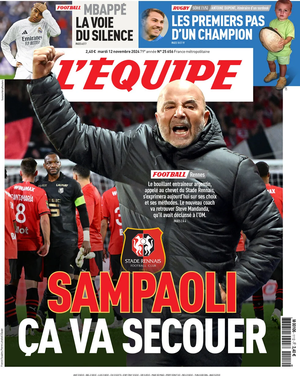 anteprima della prima pagina di lequipe del 12/11/2024
