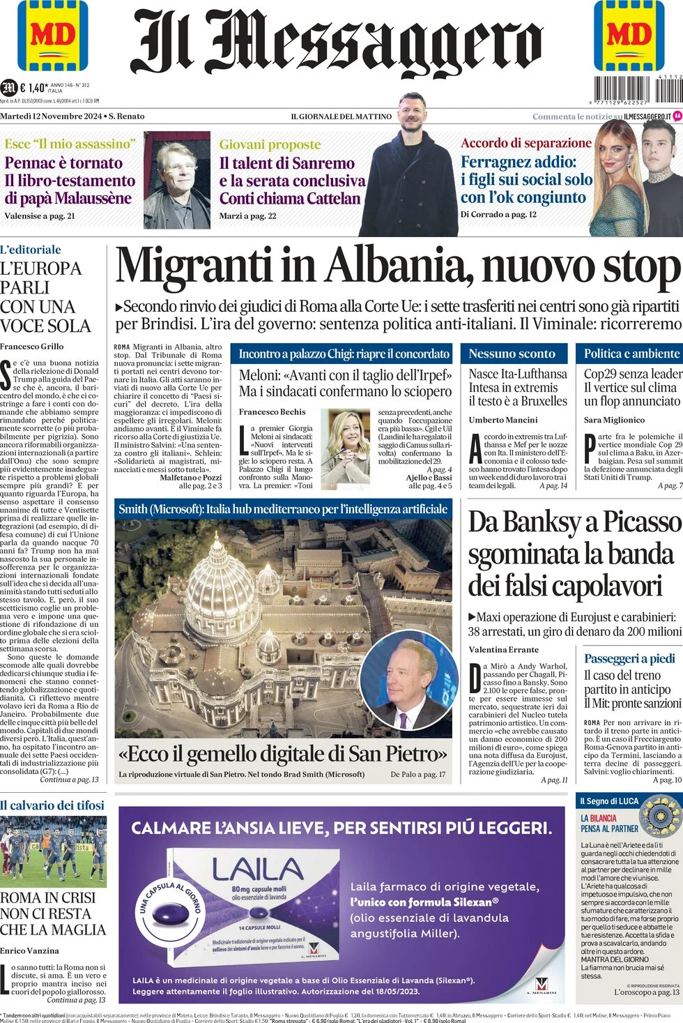 anteprima della prima pagina di il-messaggero del 12/11/2024