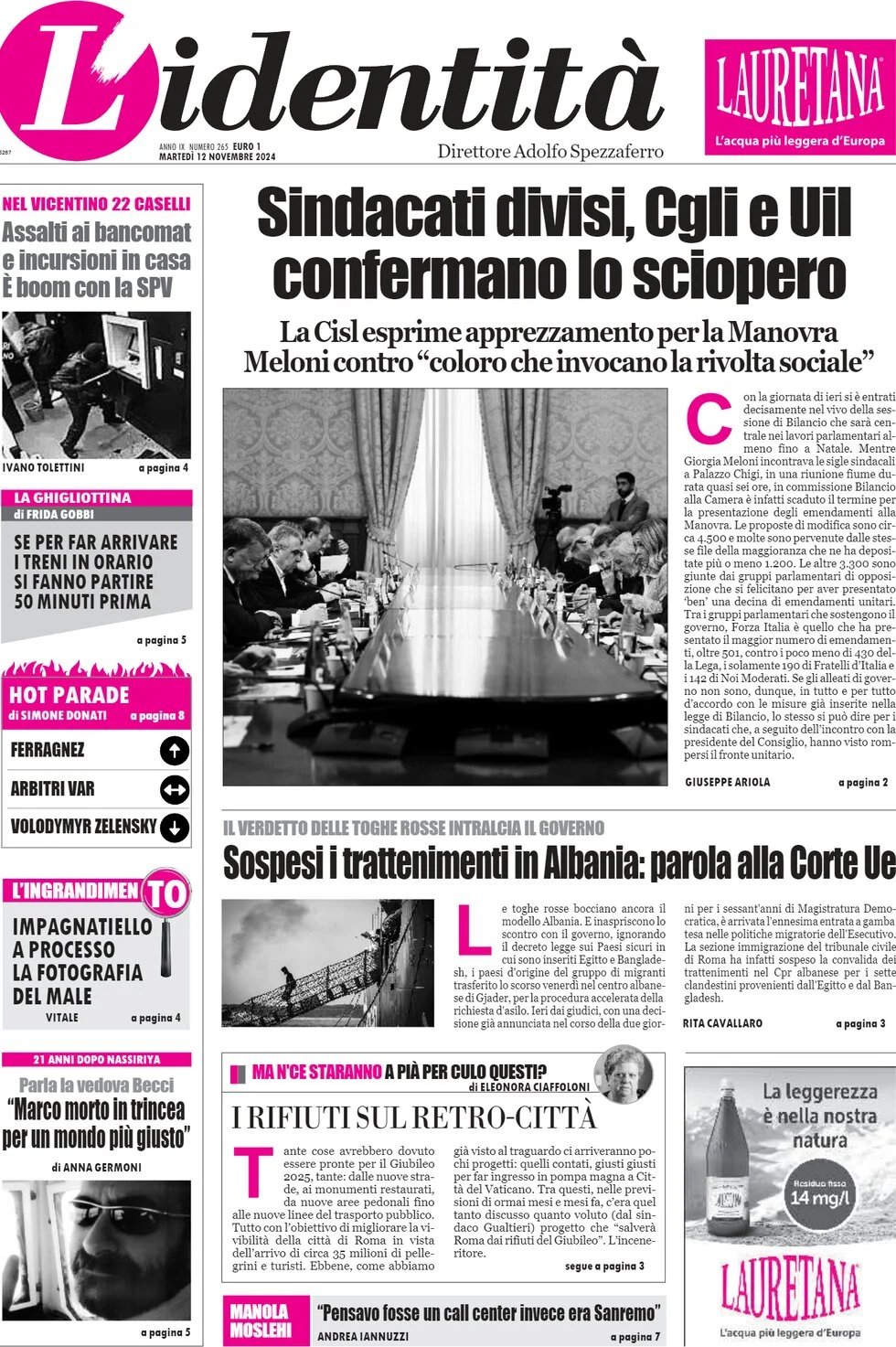 anteprima della prima pagina di lidentit del 12/11/2024