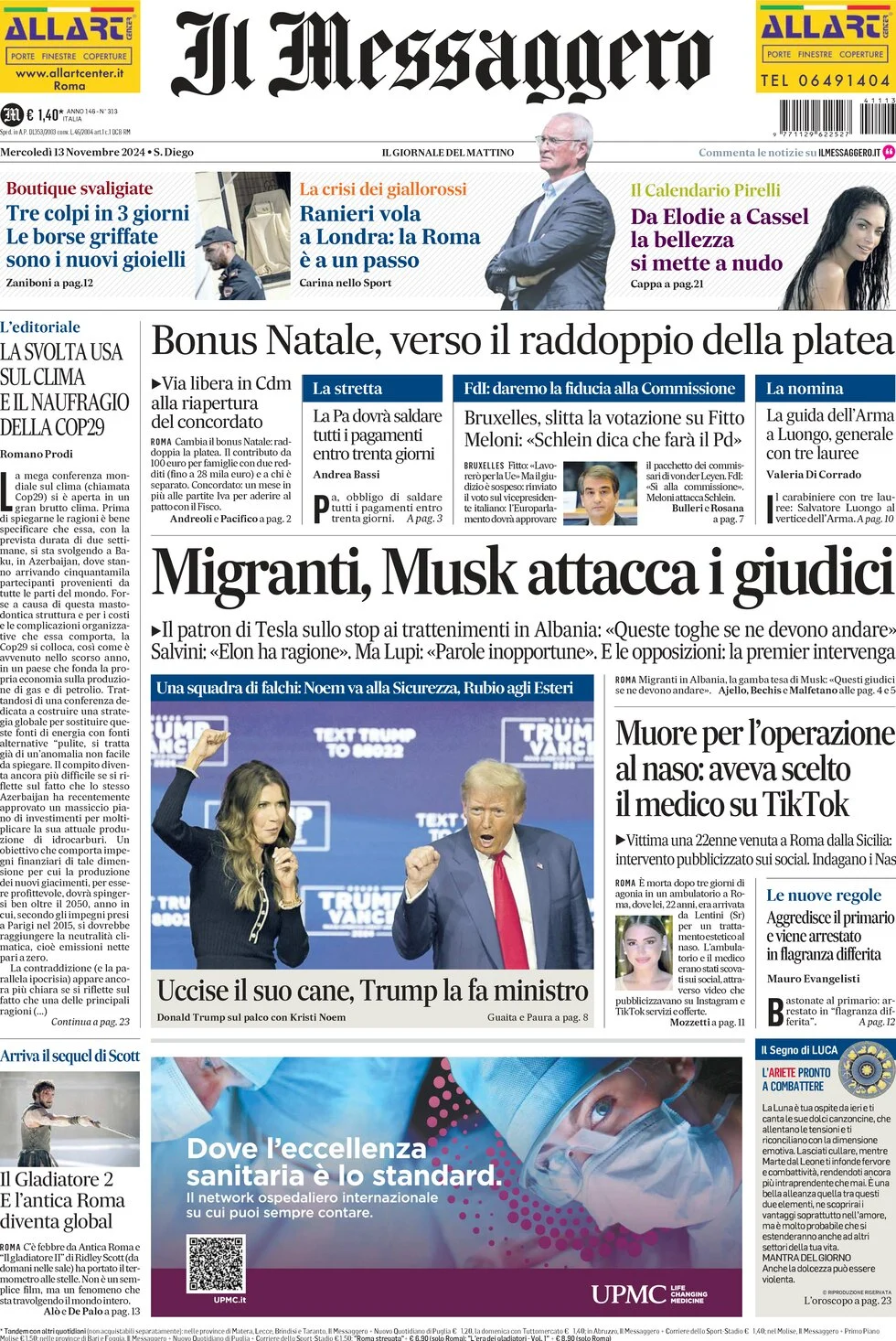 anteprima della prima pagina di il-messaggero del 13/11/2024