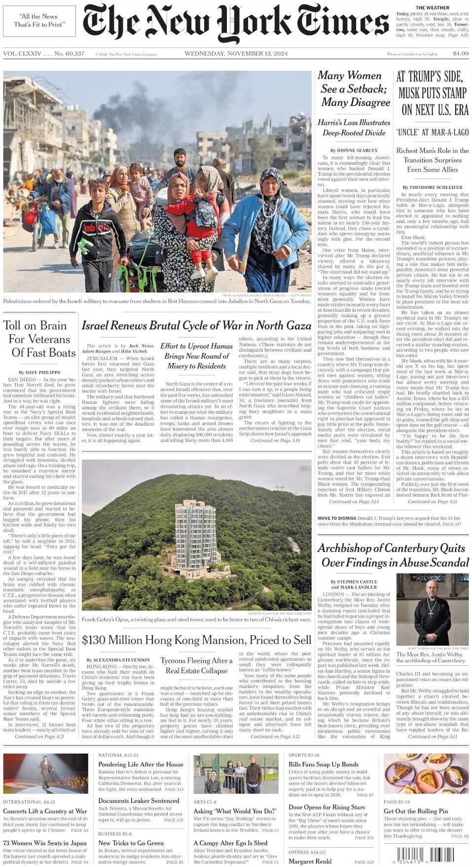 anteprima della prima pagina di the-new-york-times del 13/11/2024