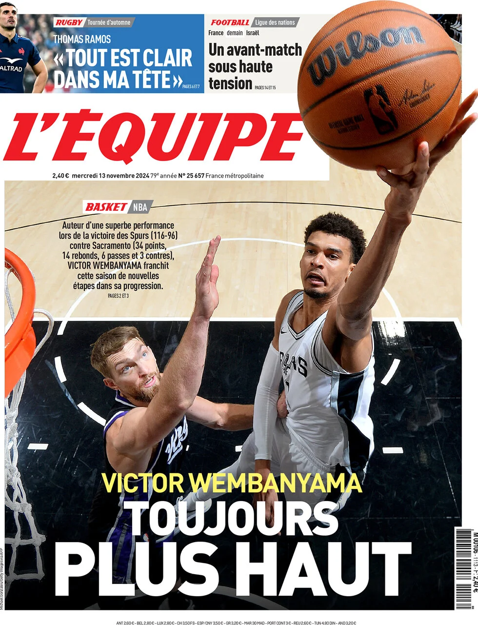 anteprima della prima pagina di lequipe del 13/11/2024