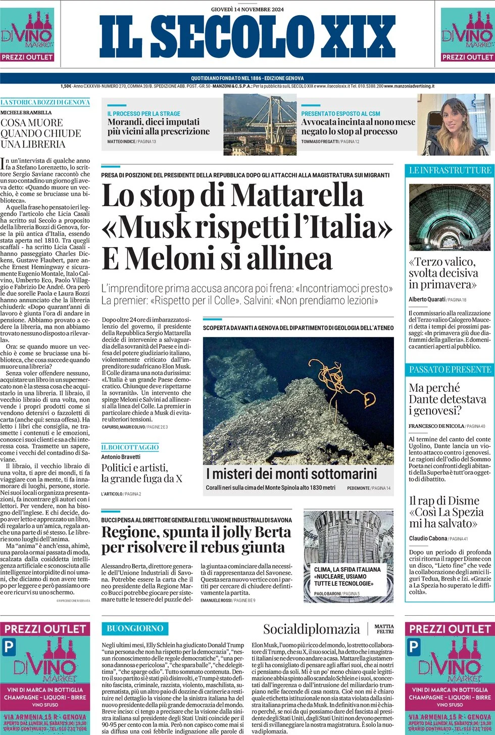 anteprima della prima pagina di il-secolo-xix del 14/11/2024