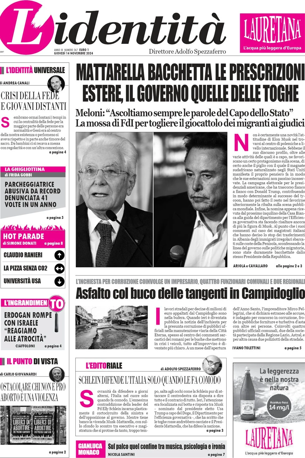 anteprima della prima pagina di lidentit del 14/11/2024