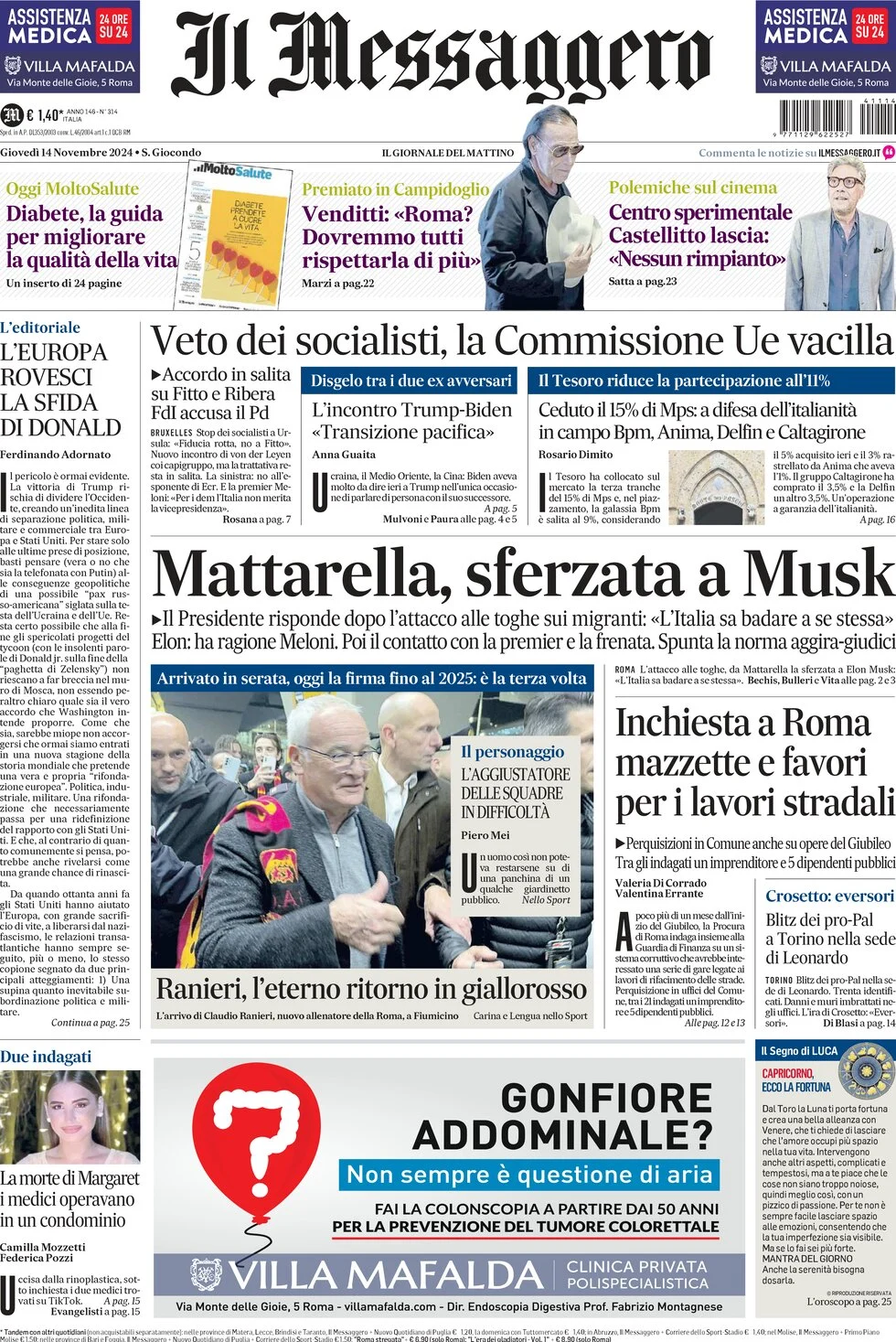 anteprima della prima pagina di il-messaggero del 14/11/2024