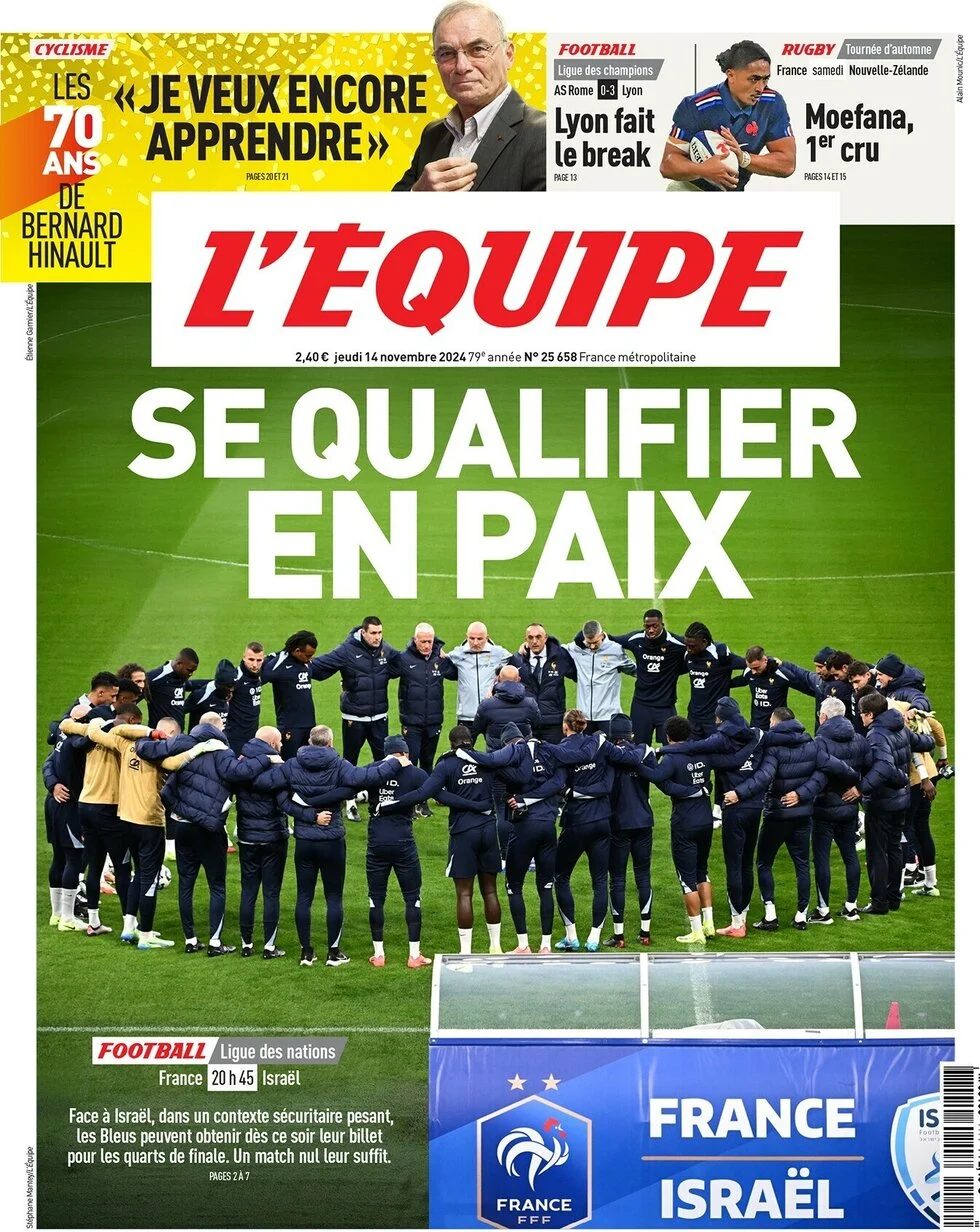 anteprima della prima pagina di lequipe del 14/11/2024