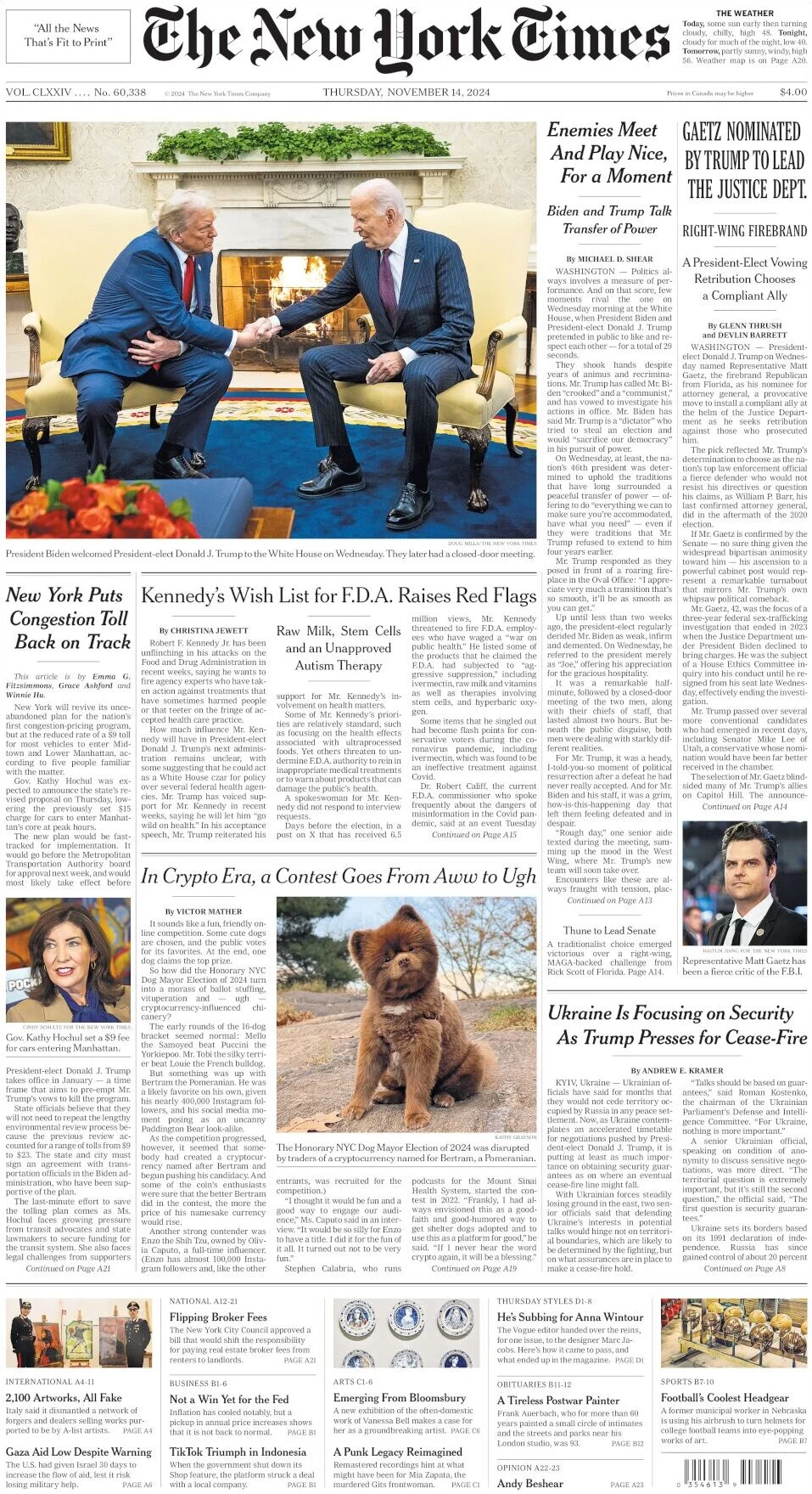 anteprima della prima pagina di the-new-york-times del 14/11/2024