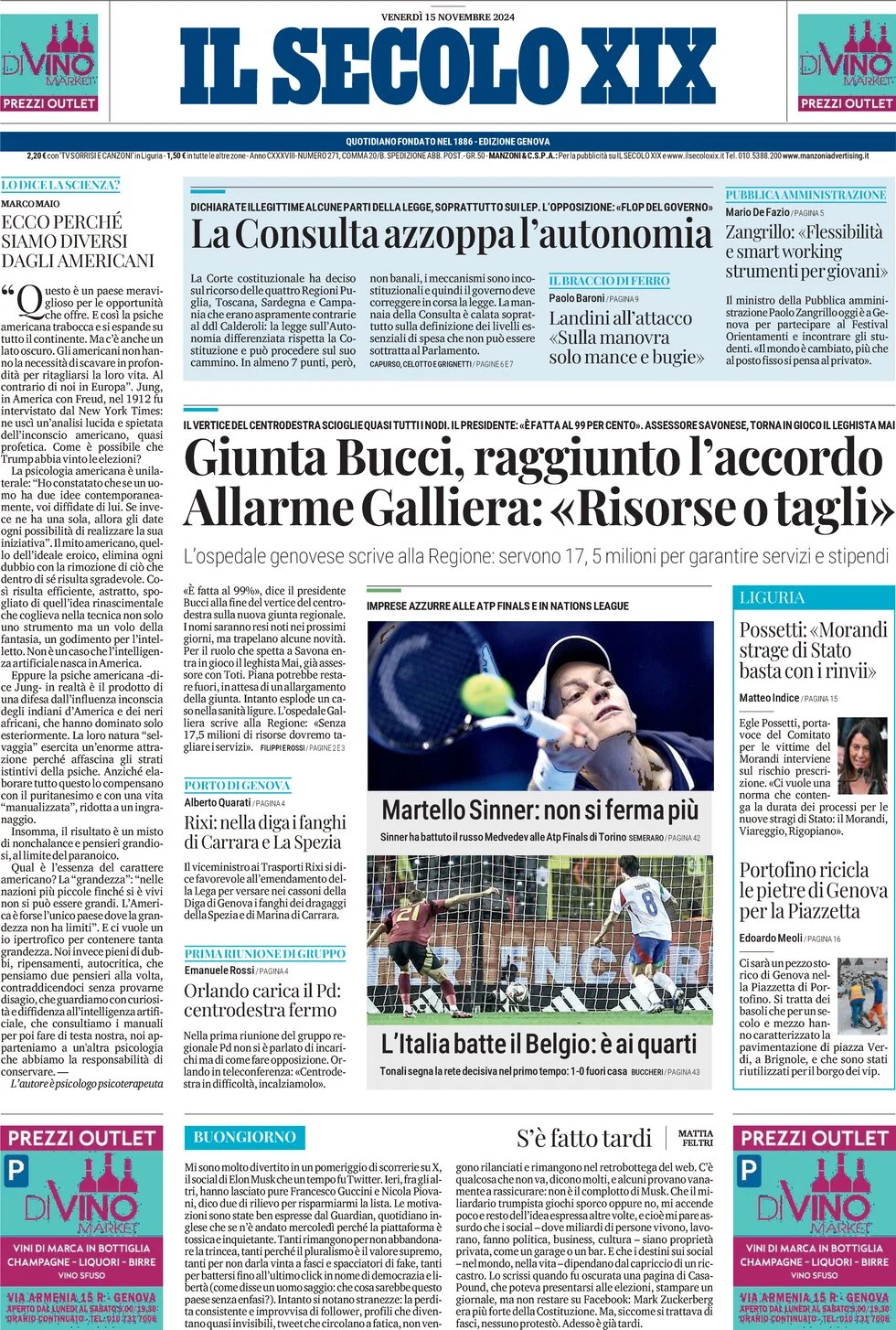 anteprima della prima pagina di il-secolo-xix del 15/11/2024