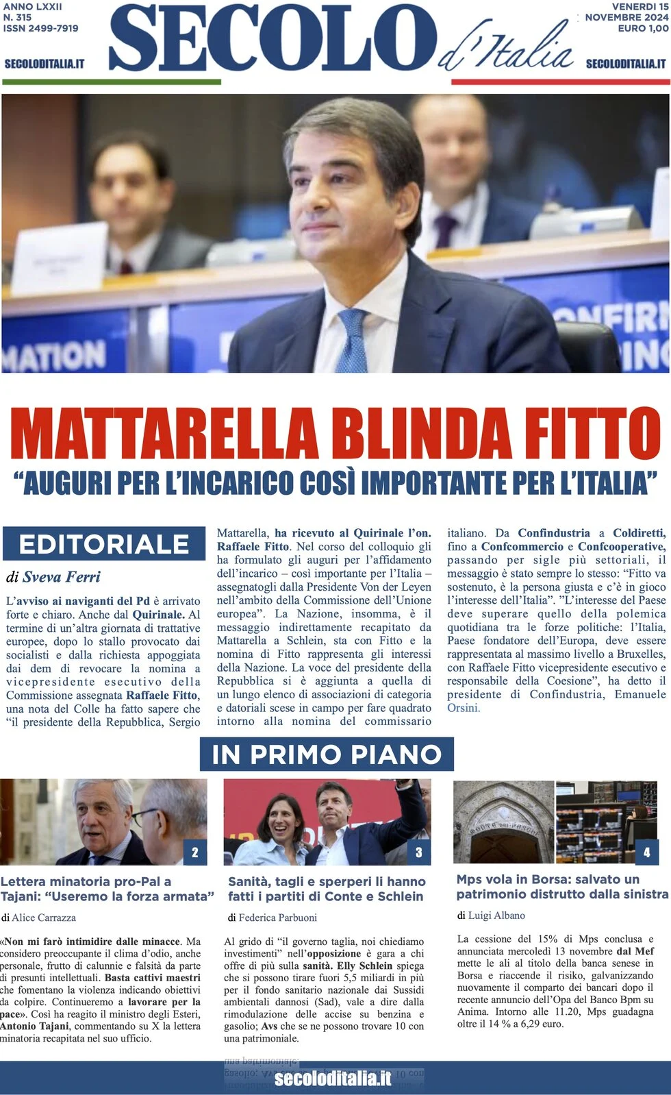 anteprima della prima pagina di secolo-ditalia del 15/11/2024