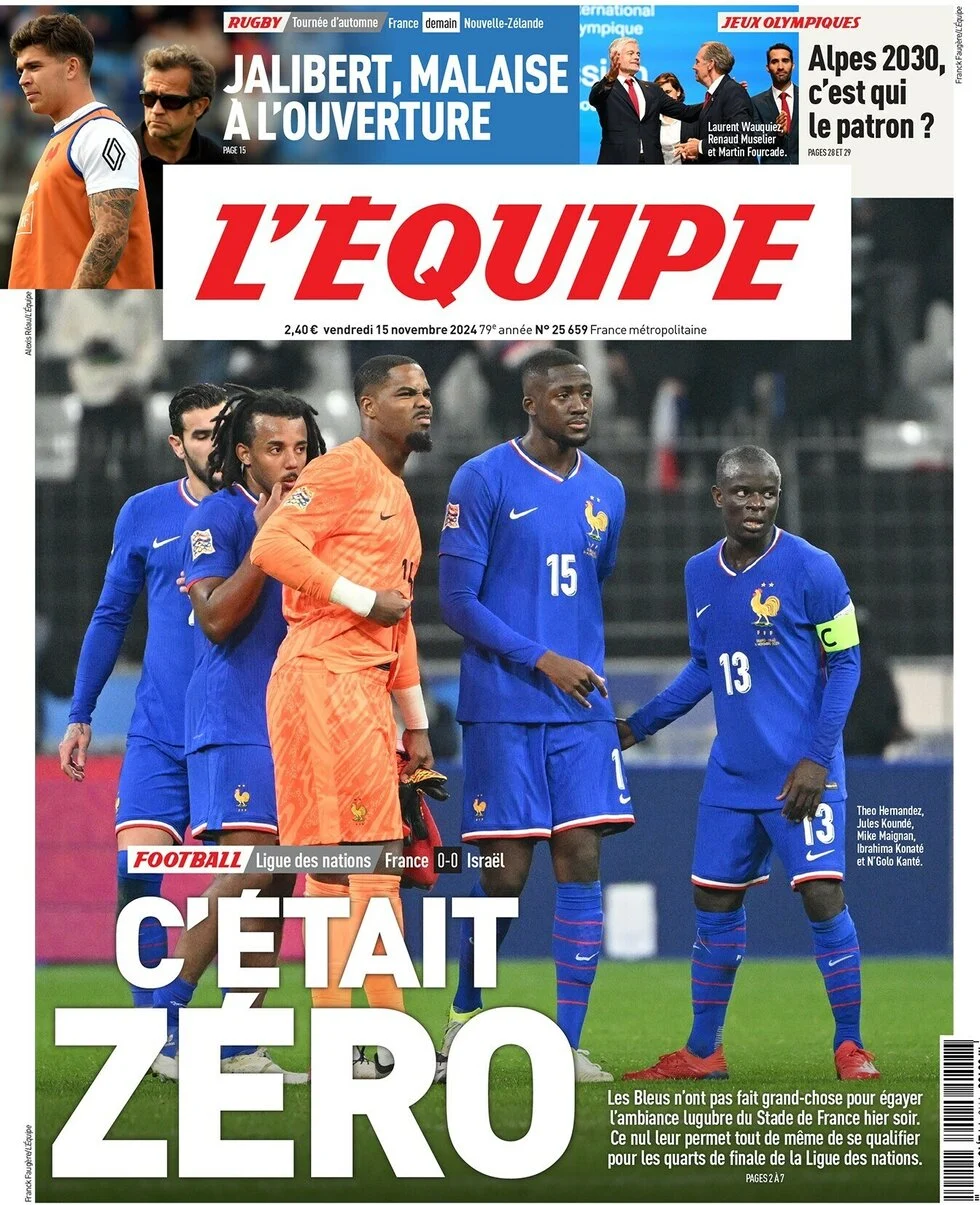 anteprima della prima pagina di lequipe del 15/11/2024