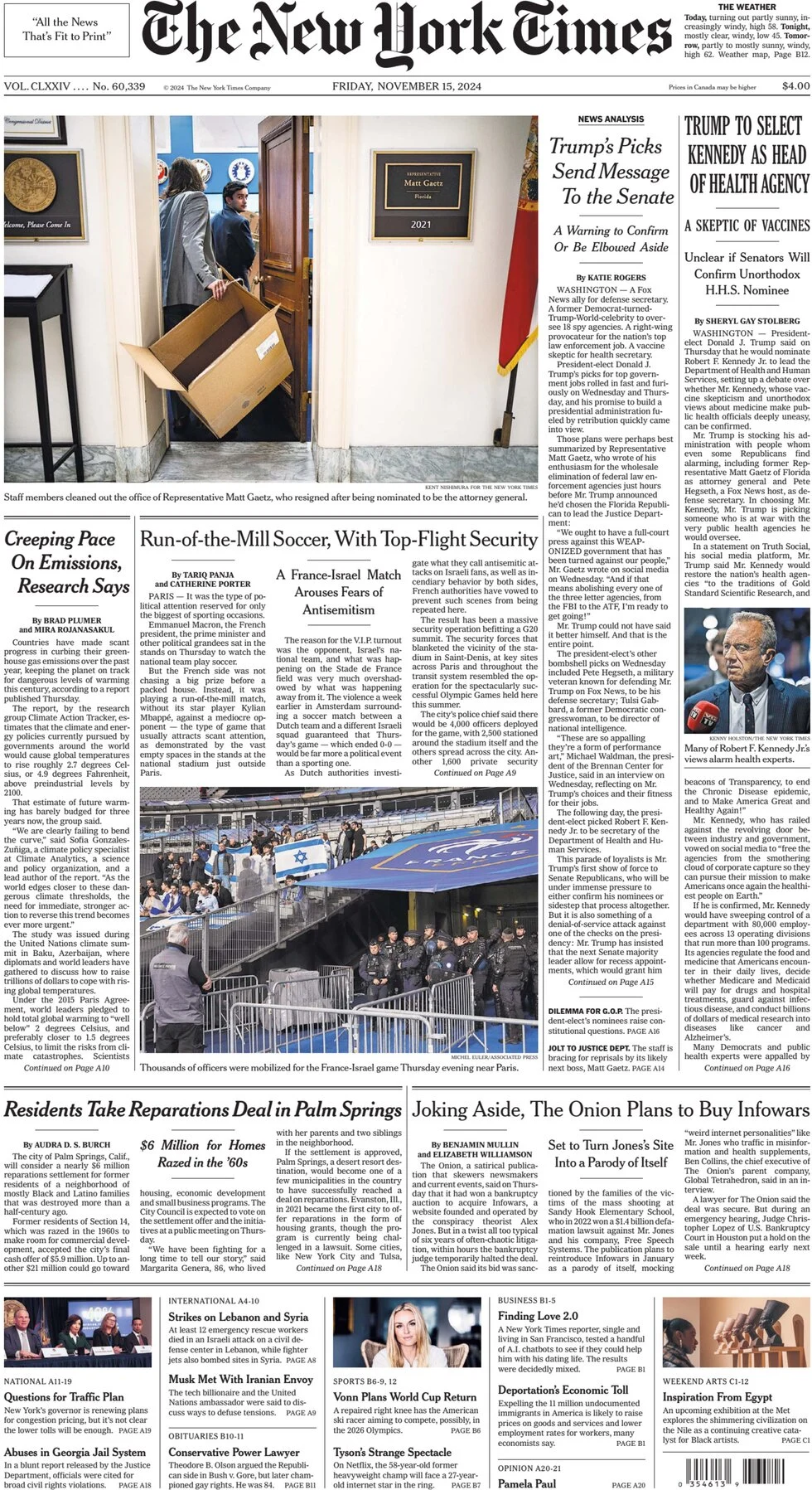 anteprima della prima pagina di the-new-york-times del 15/11/2024