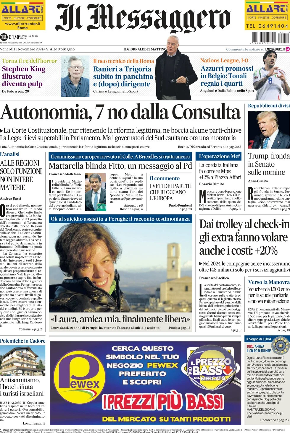 anteprima della prima pagina di il-messaggero del 15/11/2024