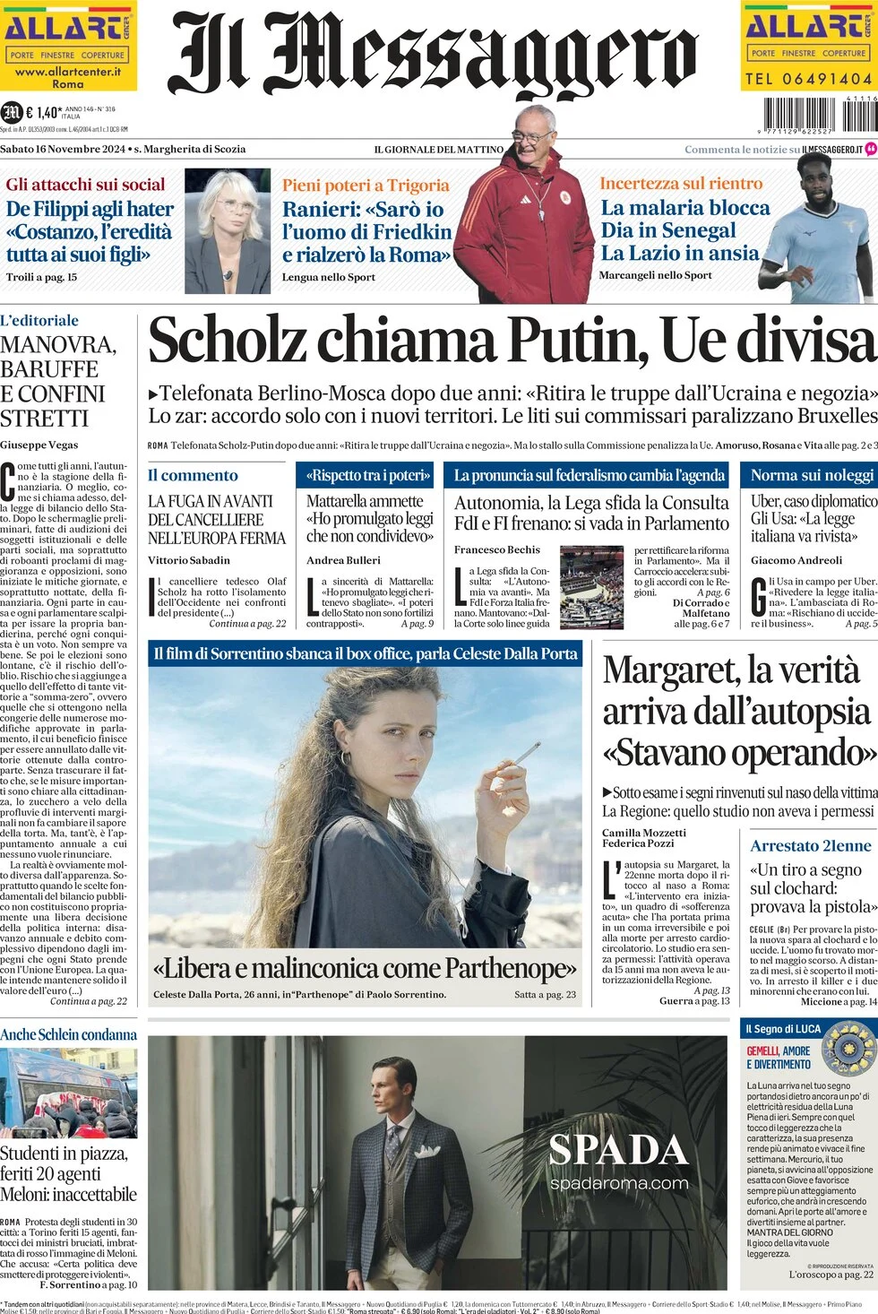 anteprima della prima pagina di il-messaggero del 16/11/2024