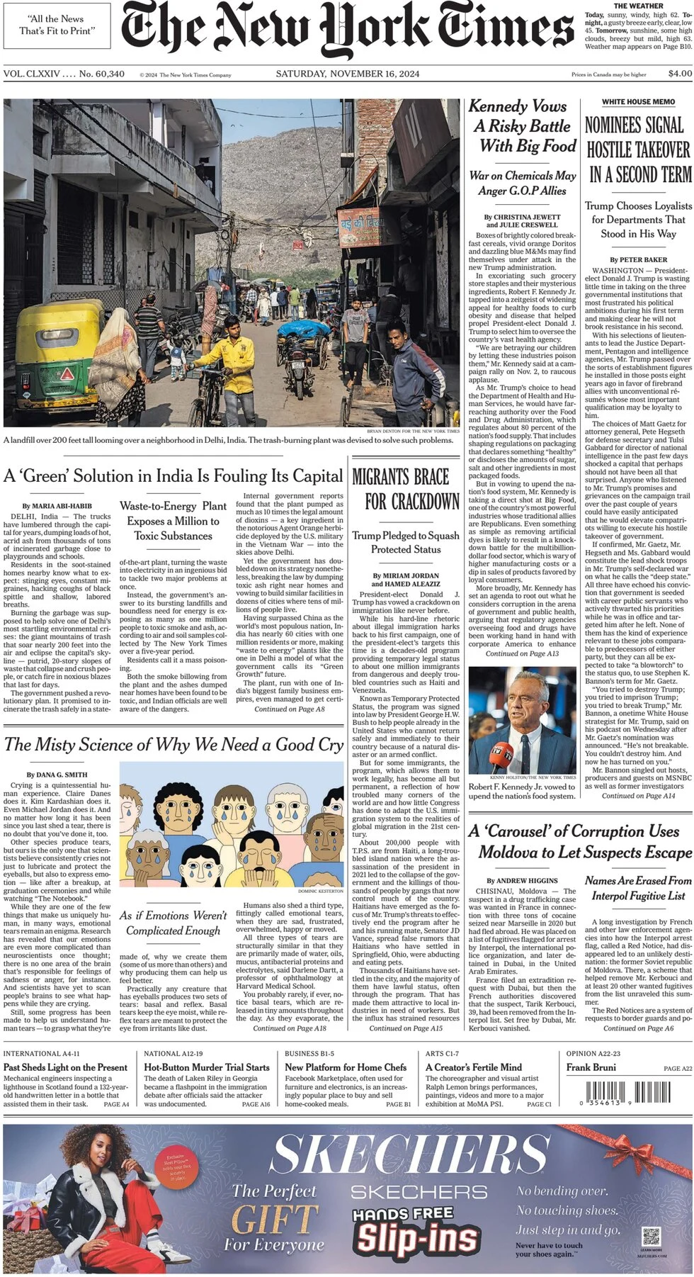 anteprima della prima pagina di the-new-york-times del 16/11/2024