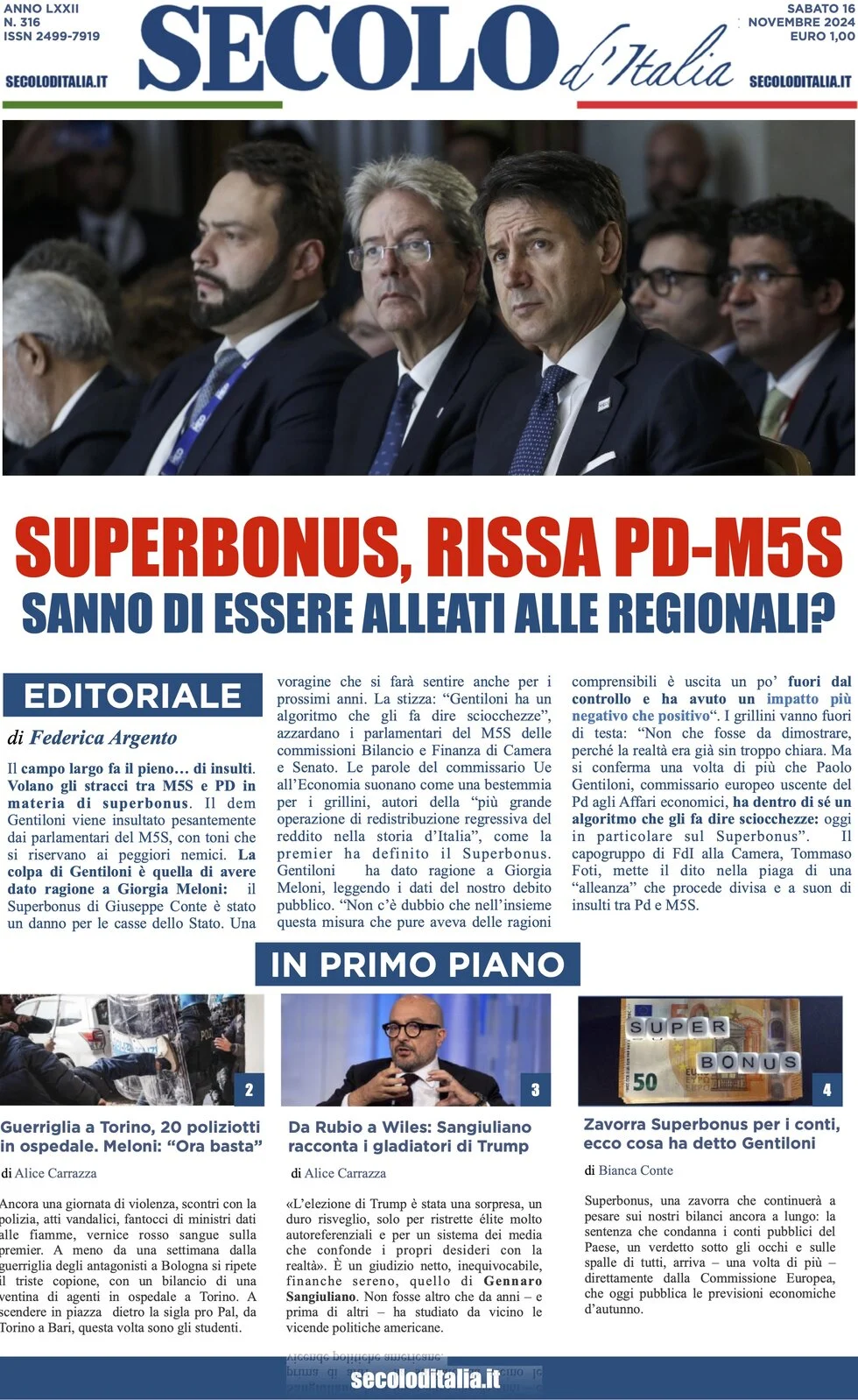 anteprima della prima pagina di secolo-ditalia del 16/11/2024